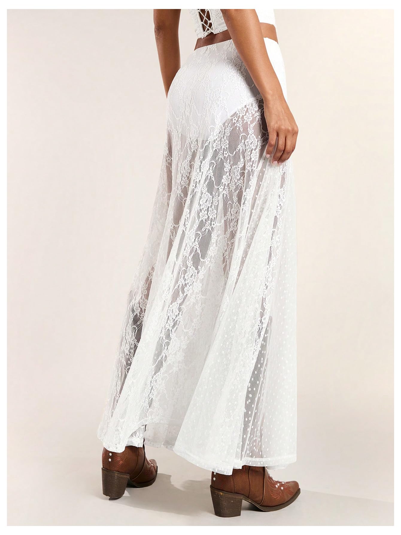 WDIRARA Women's Sexy See Through Sheer Lace Maxi Skirt Low Waist Ruffle Hem A Line Flowy Skirt White Large