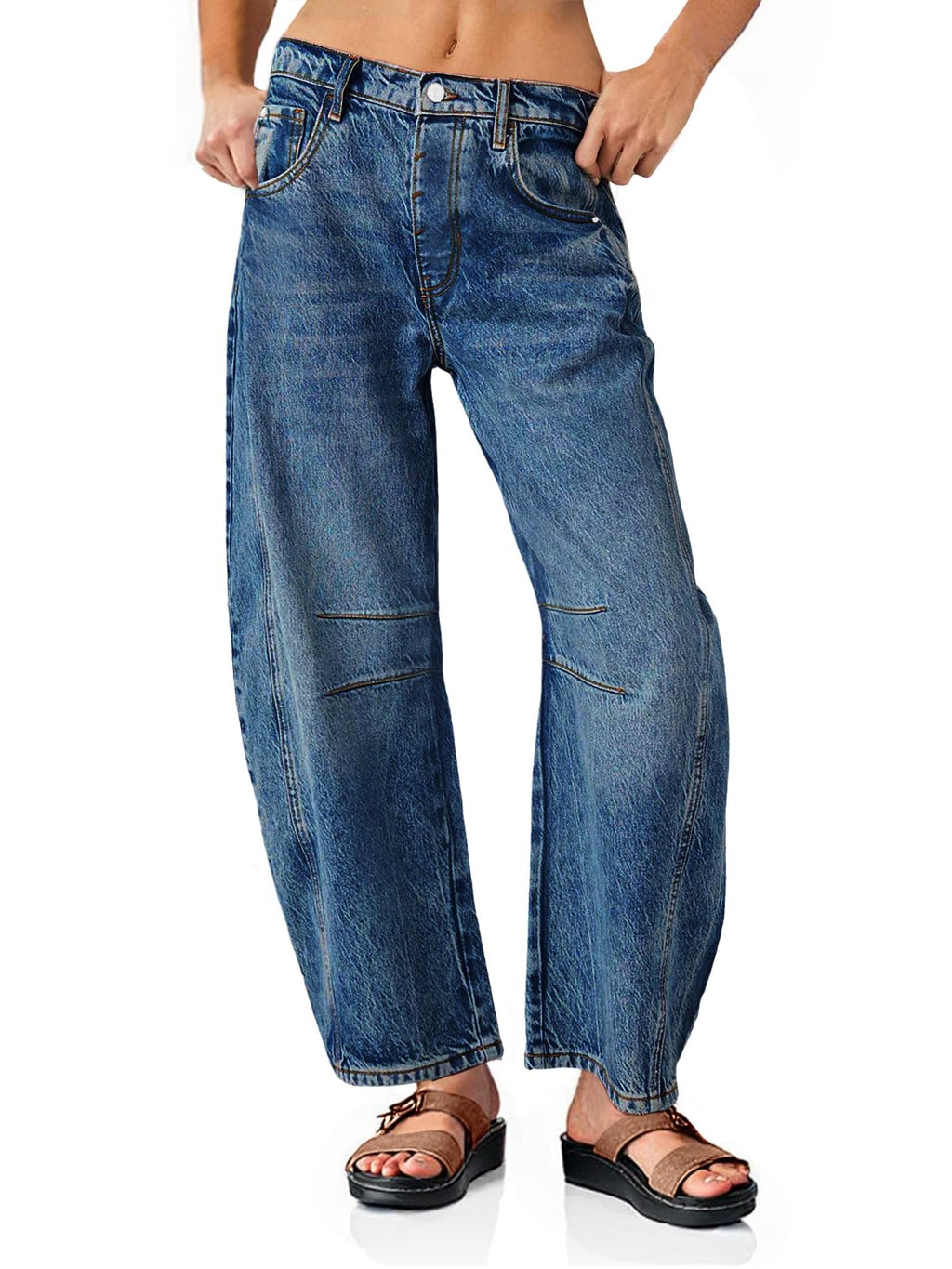 PLNOTME Women's Baggy Boyfriend Jeans Vintage Wide Leg Mid Rise Barrel Denim Ankle Pants