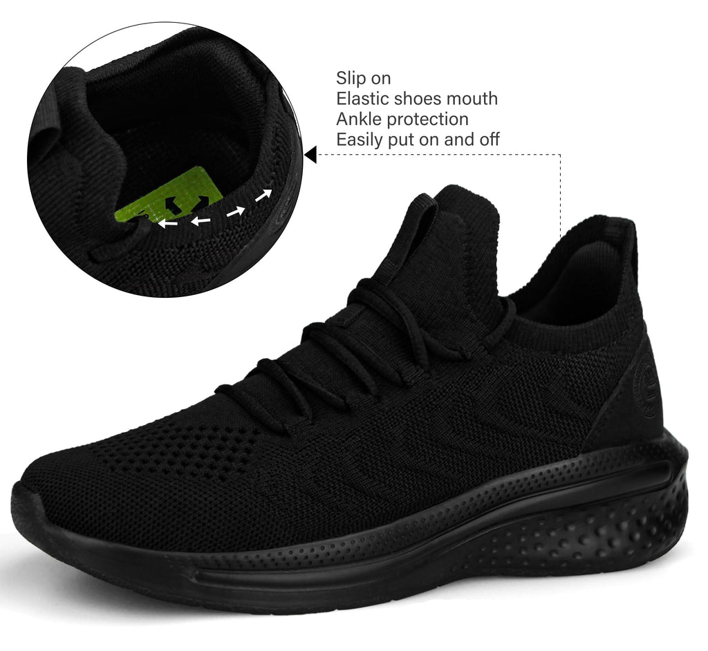 Pujcs Slip on Sneakers Mens Tennis Shoes Work Shoes Lightweight Walking Sneakers Running Shoes for Gym Sports Atheletic Workout All Black Size 9