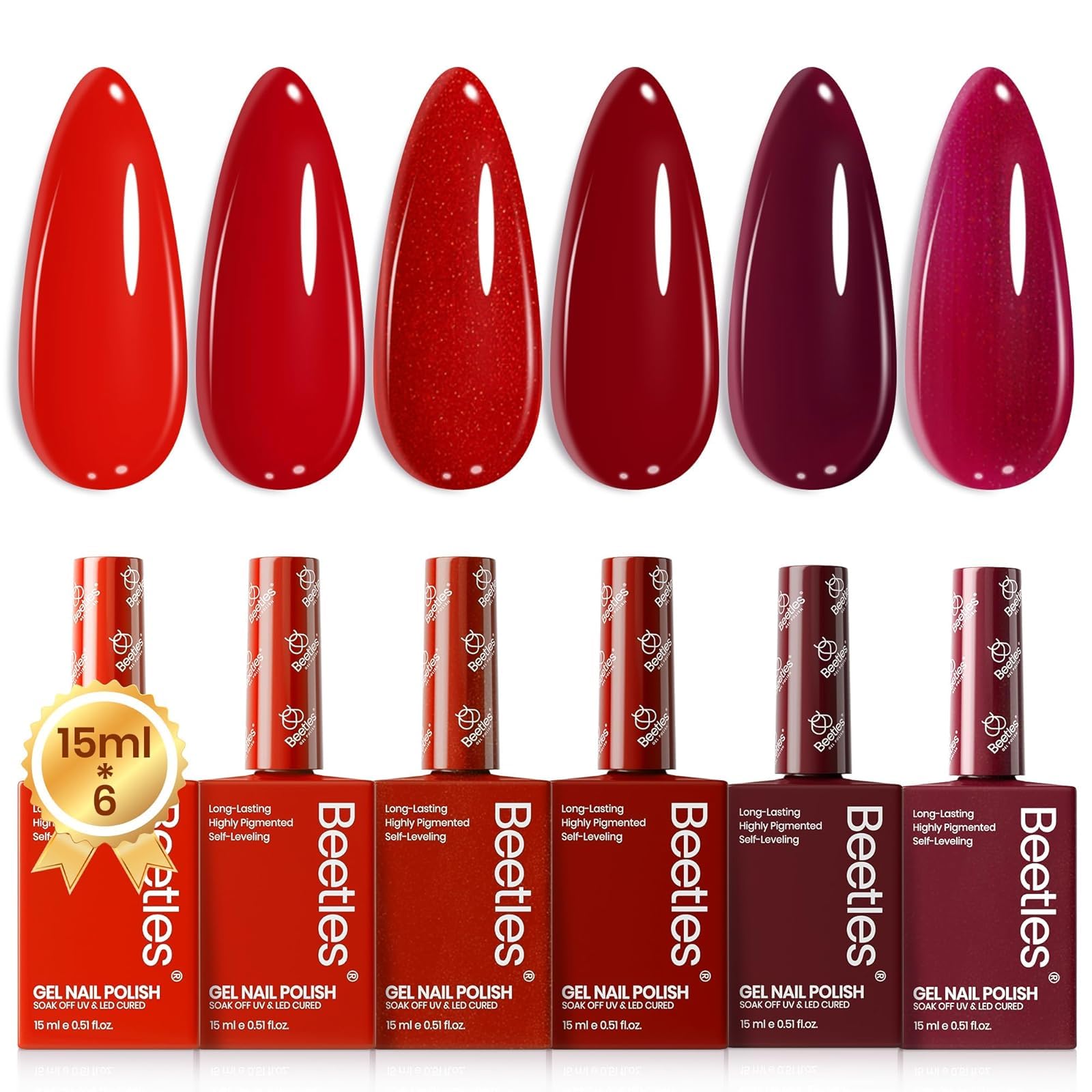 Beetles Red Gel Nail Polish Set-15ML 6 Colors Shimmer Bloody Red Burgundy Gel Polish Kit Soak Off UV Full Size Winter Nail Art Salon Design DIY Chirstmas Gift for Women Colorful Bottle