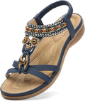 Littleplum Womens Sandals Arch Support Bohemian T-Strap Flower Rhinestone Sandals Women's Non Slip Summer Beach Flat Sandals Blue Size 8