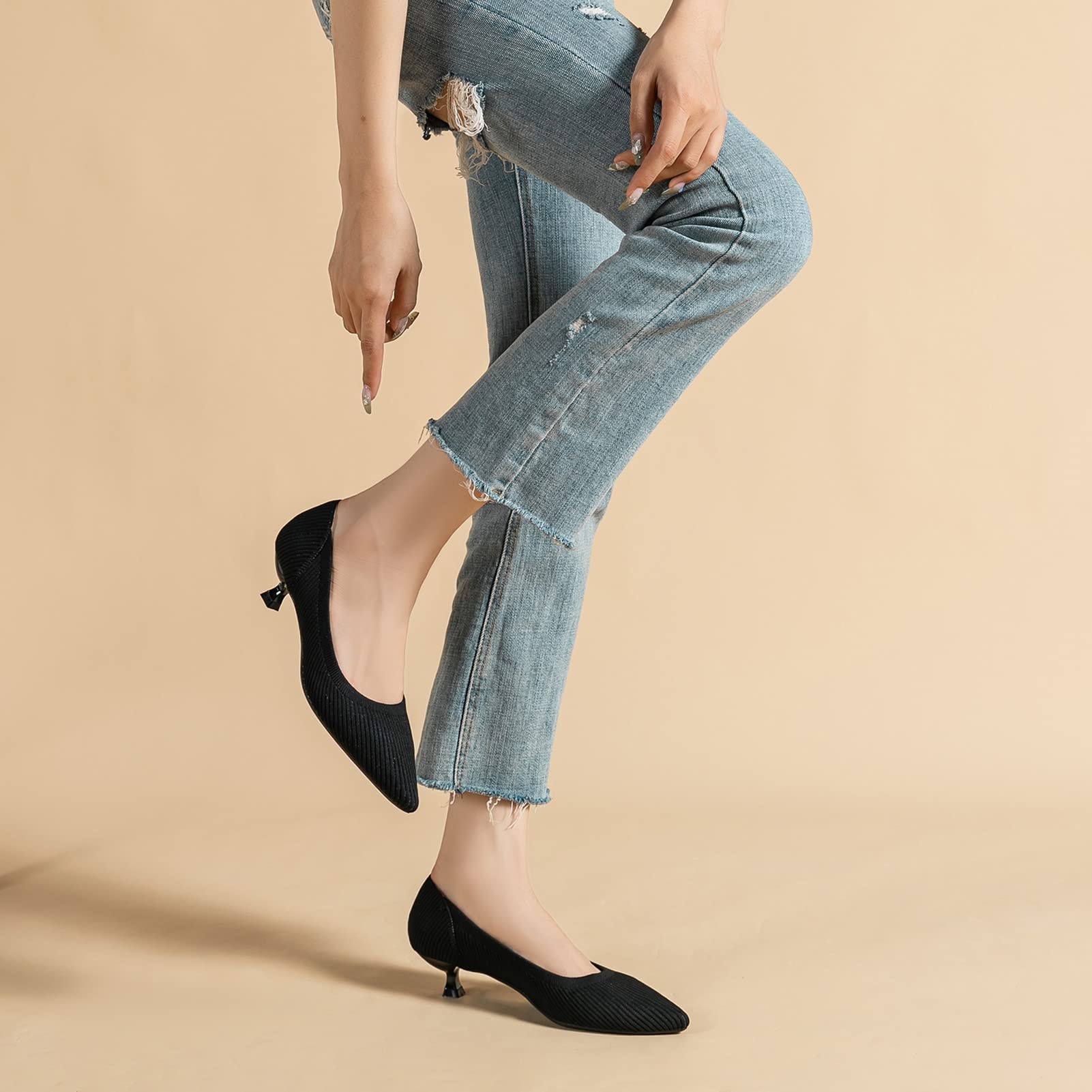 youngshow Black Kitten Heels for Women Comfortable Dressy Heels Casual Low Heel Pumps Elegant Business Pumps Womens Flight Attendant Shoes