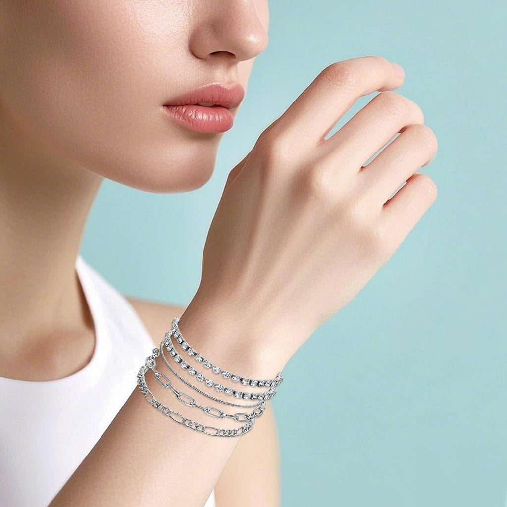 Silver Jewelry Set for Women Layered Bracelets Ball Dangle Hoop Earrings Stackable Knuckle Rings Set Dainty Adjustable Necklaces Valentine Anniversary Trendy Party Costume Accessories Jewelry (Fashionable)