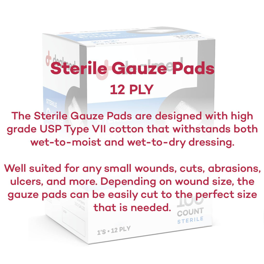 Dealmed 3’’ x 3’’ Sterile Gauze Pads (100 Count) Disposable and Individually Wrapped Medical Gauze Pads, Wound Care Product for First Aid Kit and Medical Facilities (Pack of 1)