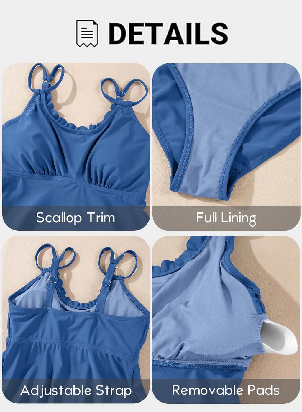 Aleumdr Women's Two Piece Tankinis Bathing Suit Tummy Control Swimsuit Scallop Trim Tankini Top with Bottom Ashleigh Blue Medium
