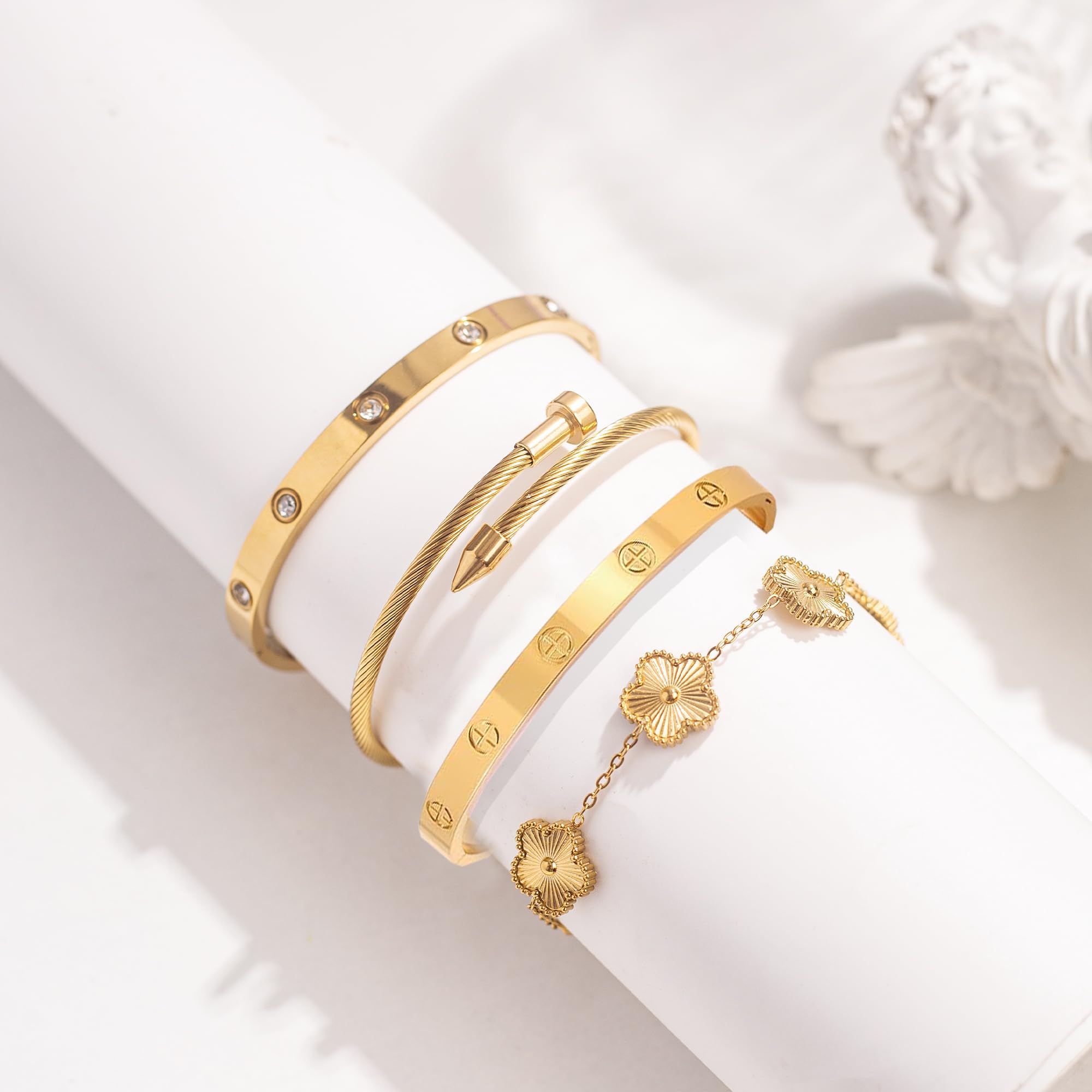 Ntutrxk Gold Bracelets for Women-4Sets,18K Gold Plated Bracelet,Stainless Steel Bangle Bracelets Non Tarnish, Gold Bracelet Set Trendy Jewelry,Christmas Valentines Birthday Gifts Mother's Day