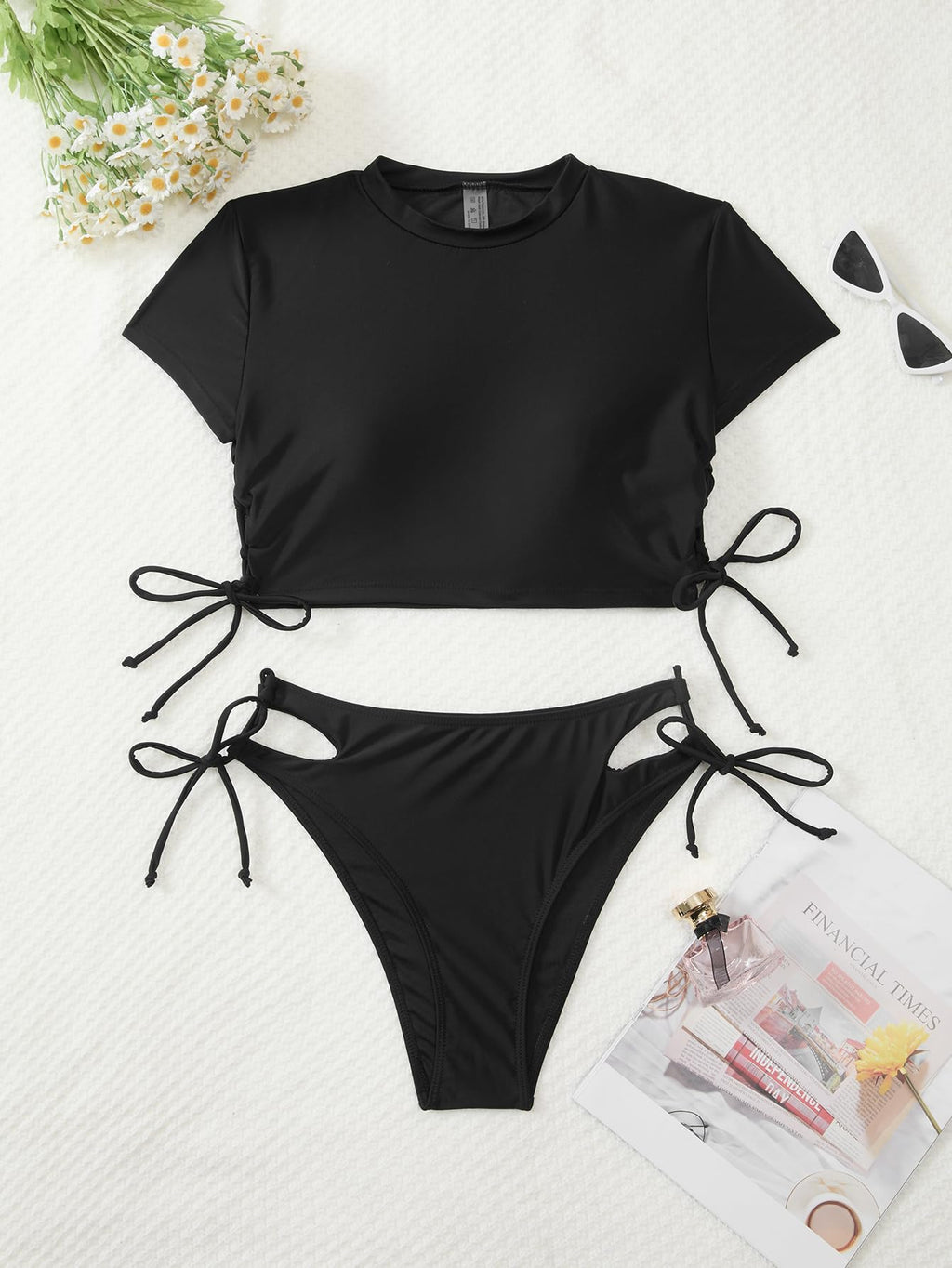 Lilosy Drawstring Bikini Set Srting Swimsuit Short Sleeve Top and Tie Side Bottom 2 Piece Women Bathing Suit Black Medium