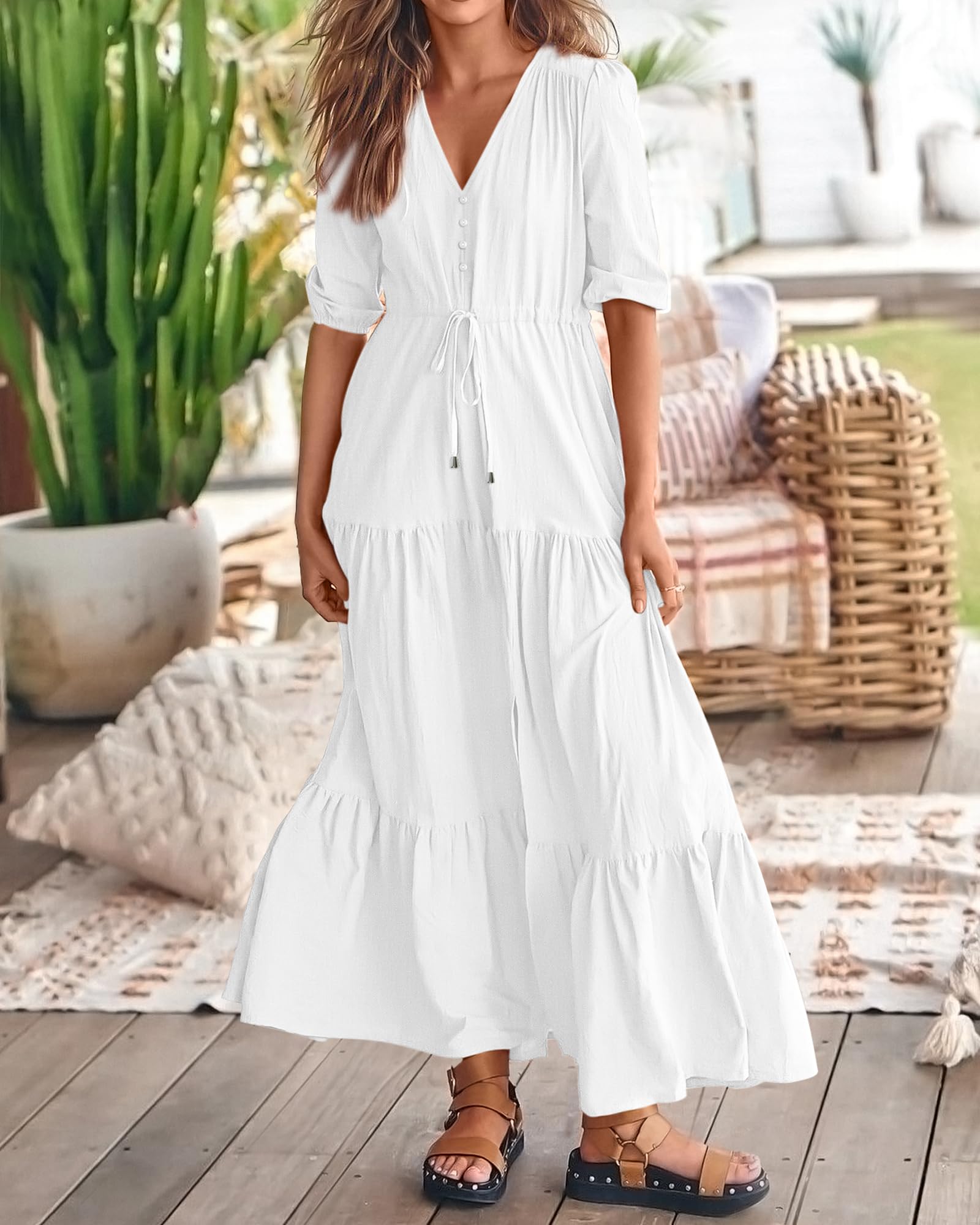 BTFBM Formal Wedding Guest Dresses for Women Summer Dresses Short Sleeve V Neck Maxi Dresses (Solid Beige White,XX-Large)
