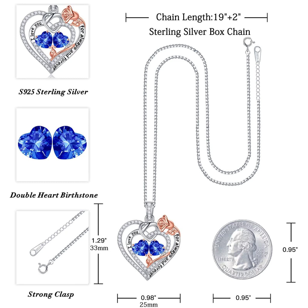 Iefil Gifts for Wife - Anniversary Ideas Gifts for Women Wife Her, Rose Heart Birthstone Necklace | Sapphire Blue Necklace