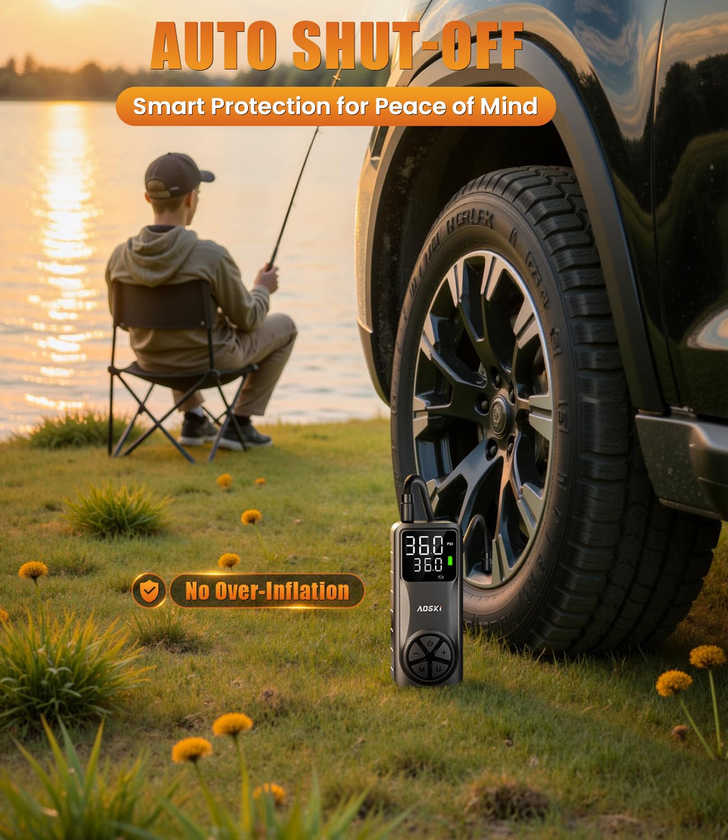AOSKI Tire Inflator Portable Air Compressor: 150PSI Rechargeable Air Pump with Digital Pressure Gauge, LED Light and Auto Shut-Off - Fast Inflation for Car, Motorcycle, Bike, and Ball - Black