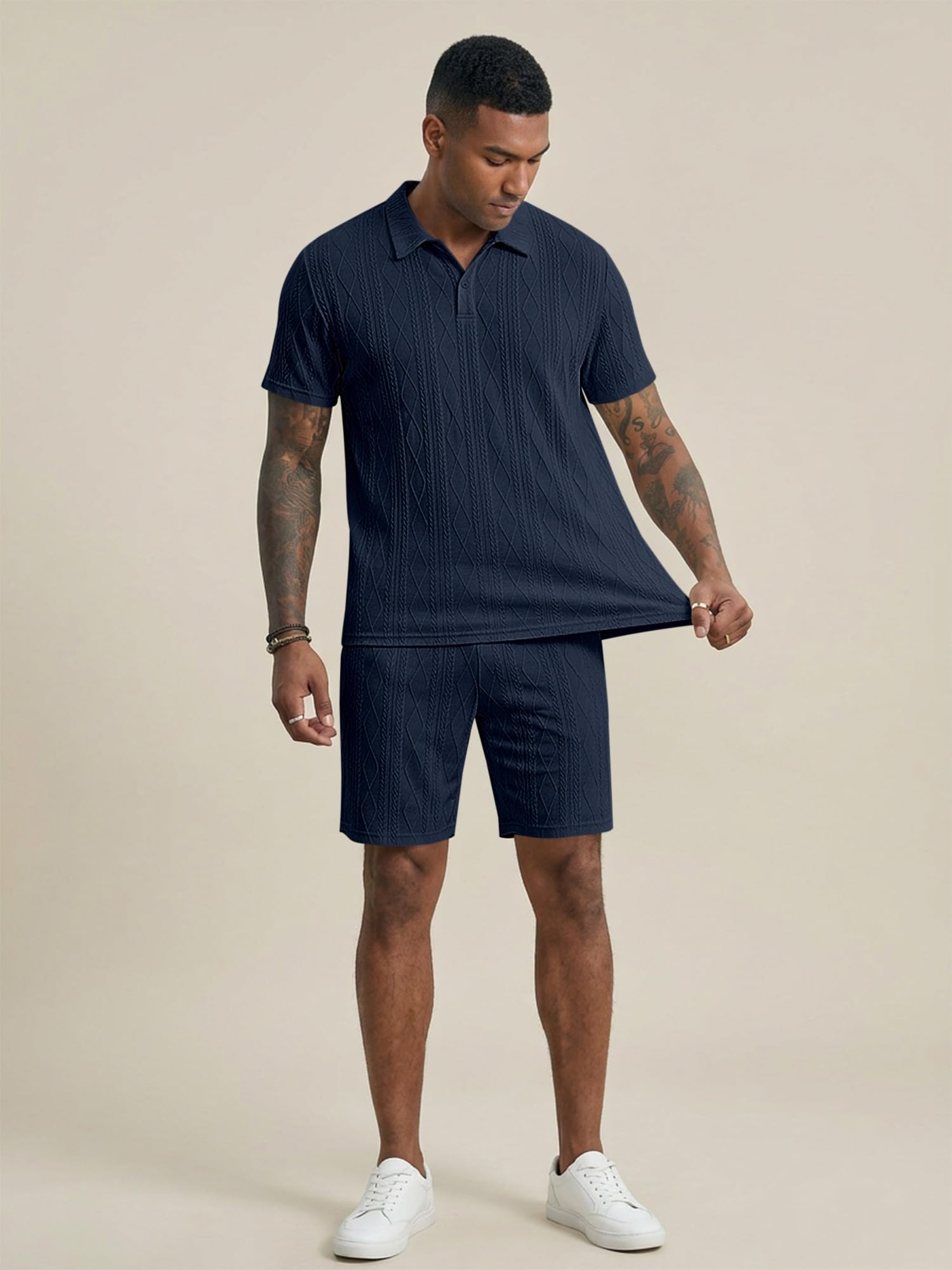 JMIERR Mens 2026 Casual 2 Piece Outfits Lounge Sets Jacquard Knit Short Sets Golf Short Sleeve Outfits for Beach Vacation