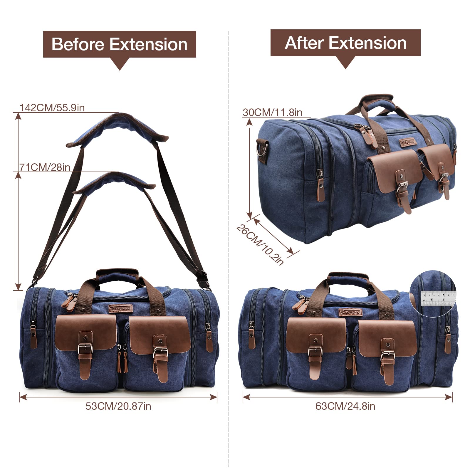 Wildroad 50L Travel Duffel Bag, Expandable Canvas Genuine Leather Duffle Bag Upgraded Overnight Weekender Carry on Bag
