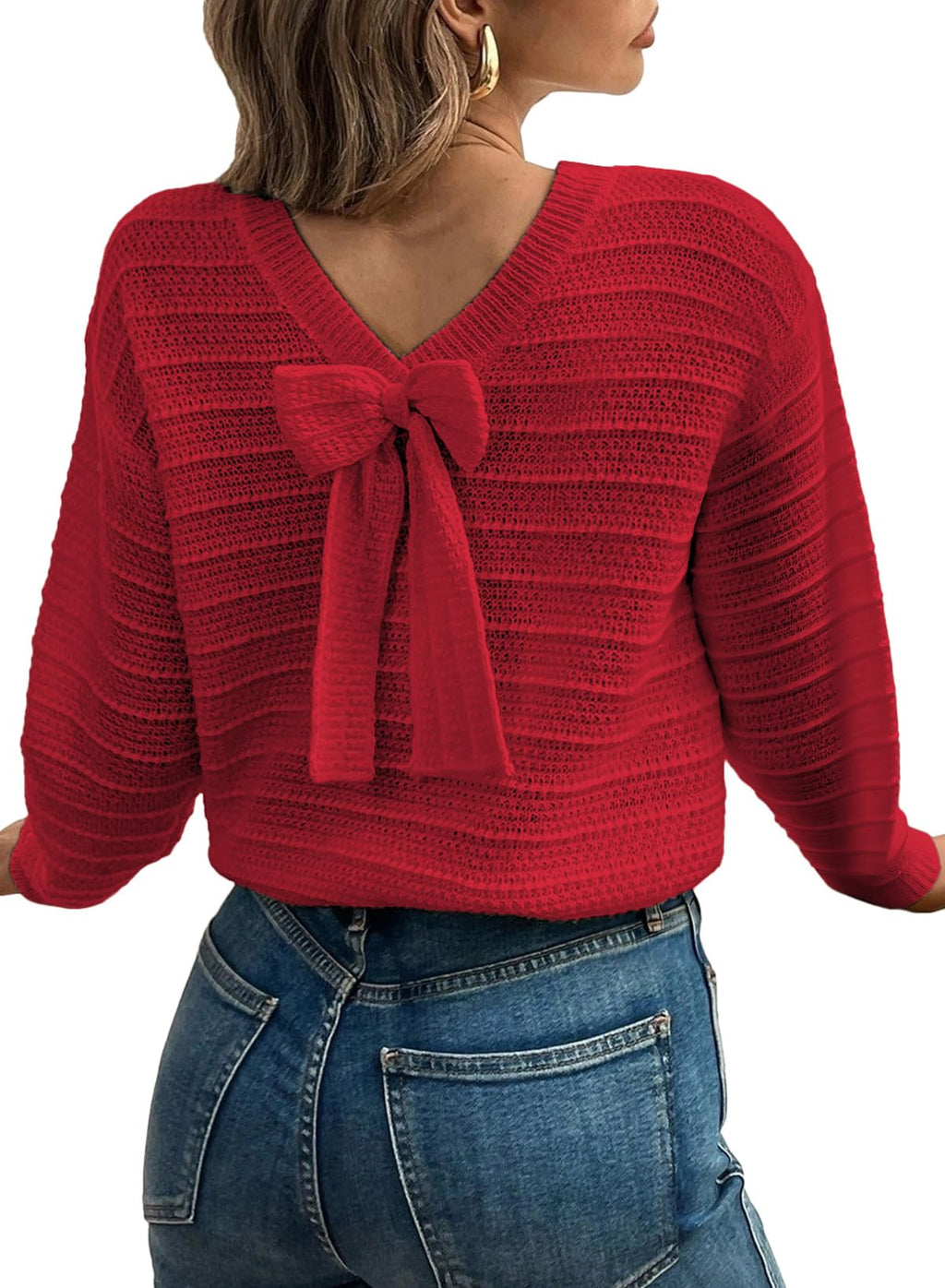 EVALESS Fall Sweaters for Women Long Sleeve Fashion Outfits 2025 Back Bow Knot Sweaters Round Neck Solid Fashion Clothes Knit Pullover Sweater Tops Red Medium
