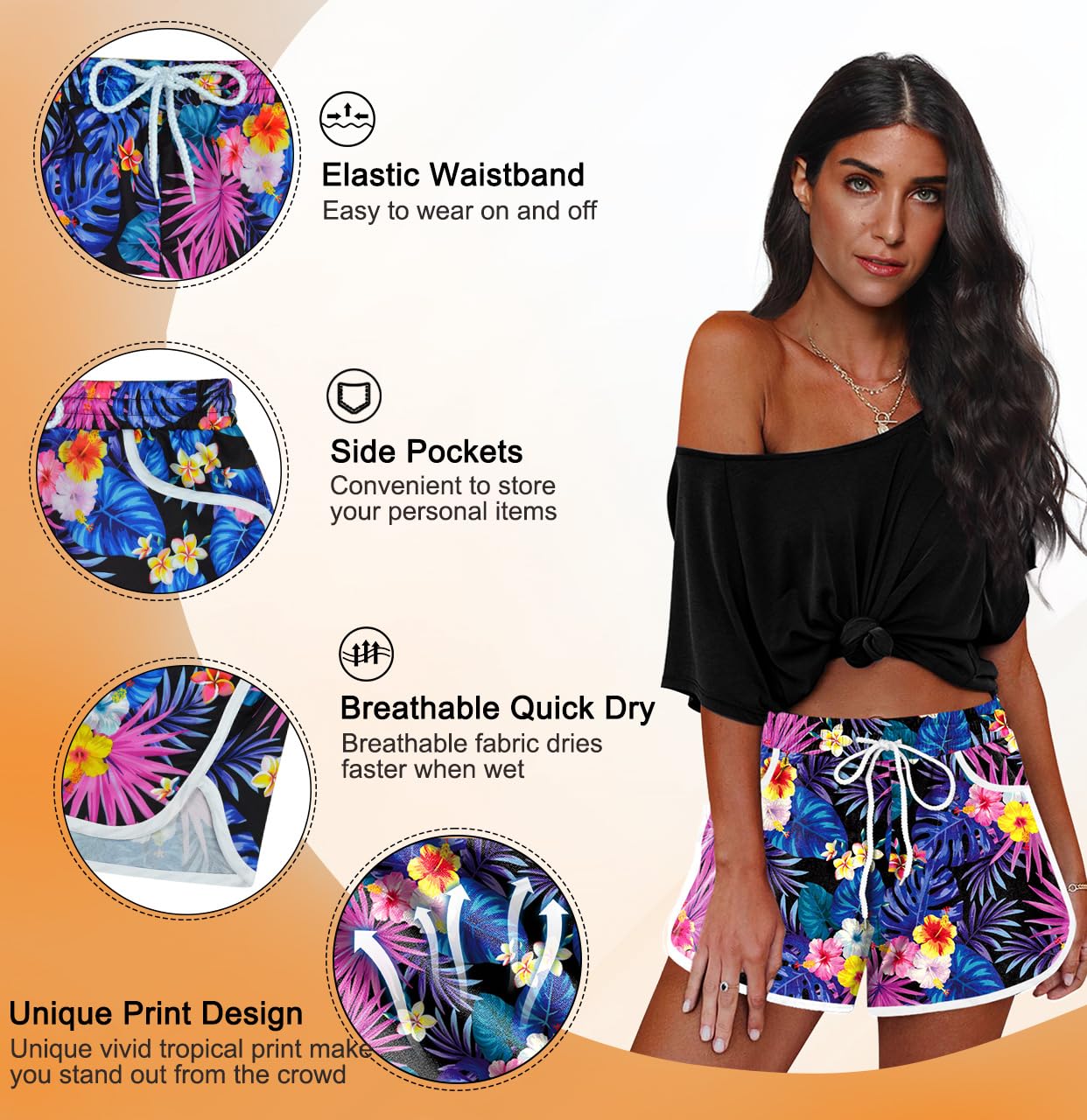 For G and PL Women Hawaiian Board Shorts Beach Tropical Drawstring Summer Shorts Bathing Suit Trunks Flower Tropical XL