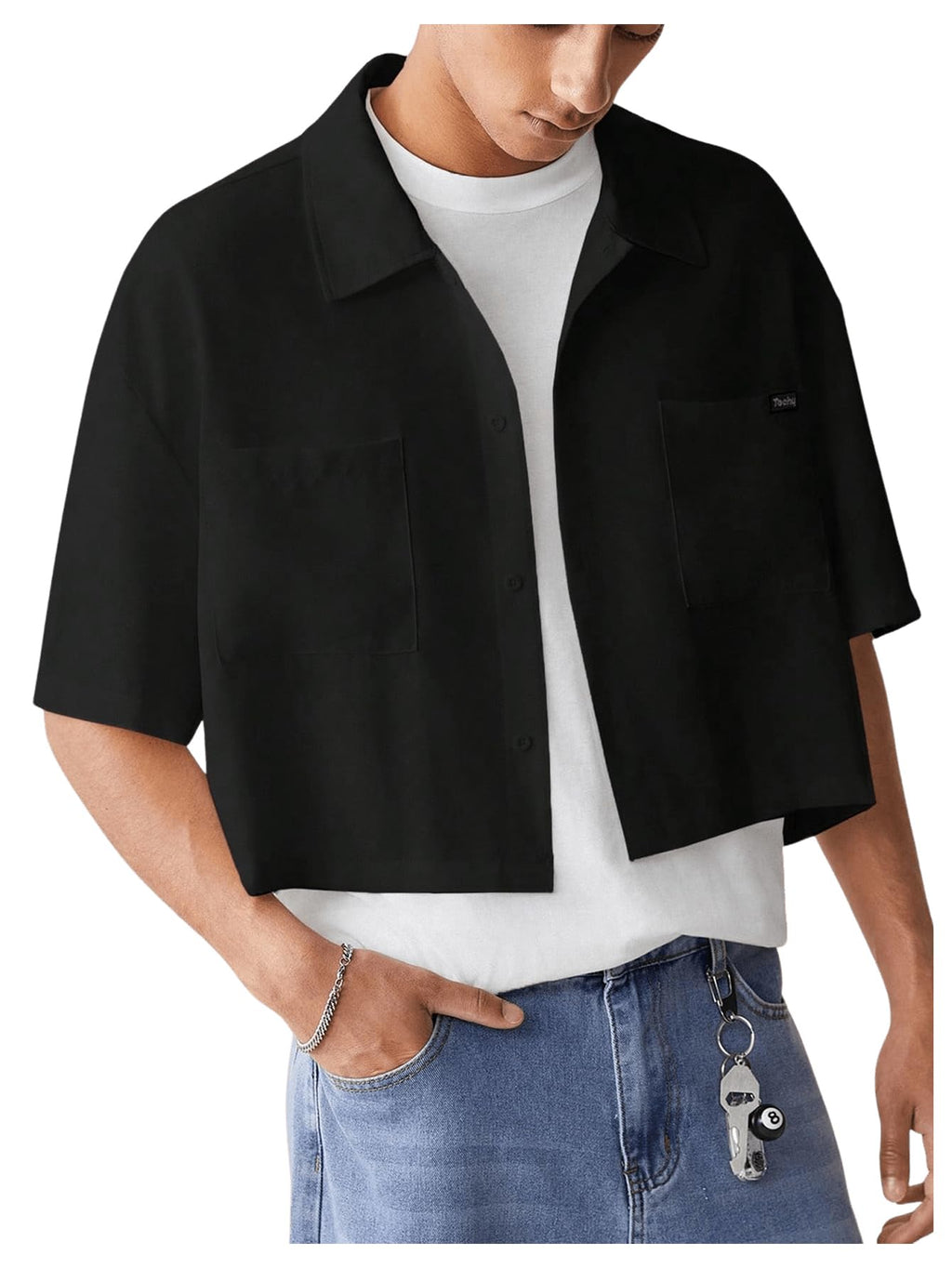 SHENHE Men's Summer Short Sleeve Button Down Crop Shirt Loose Fit Casual Shirt with Pockets Black Small
