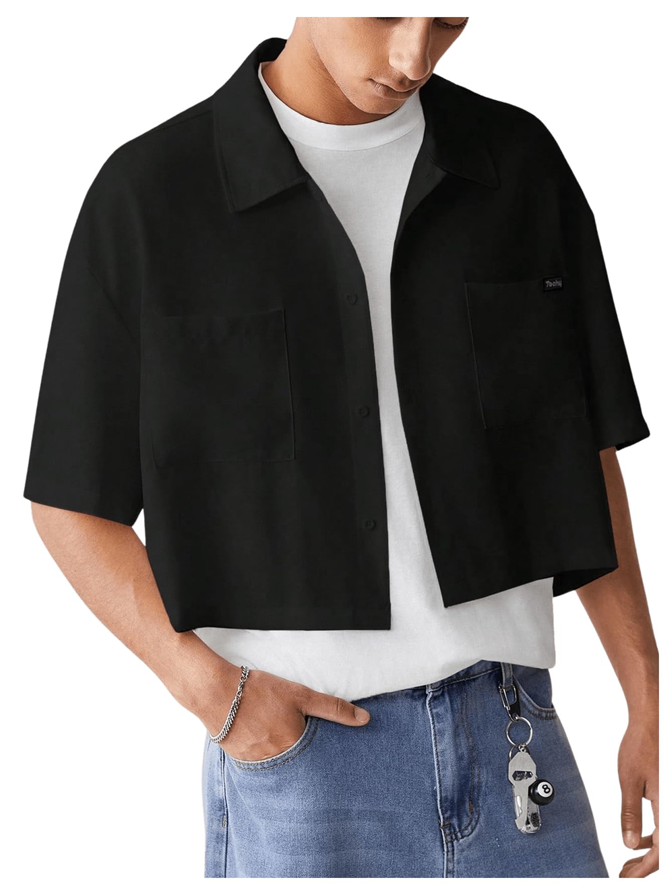 SHENHE Men's Summer Short Sleeve Button Down Crop Shirt Loose Fit Casual Shirt with Pockets Black Small