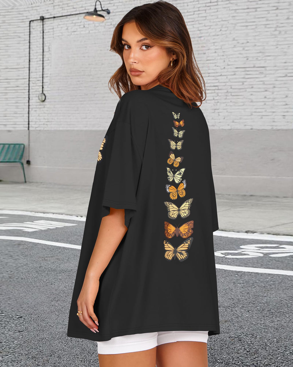 Womens Oversized Tshirt Graphic Tees Crew Neck Summer Short Sleeve Loose Fit Tops (A-Butterfly Print Black, L)