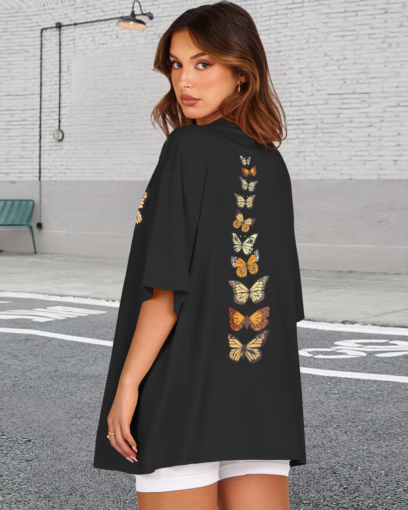 Womens Oversized Tshirt Graphic Tees Crew Neck Summer Short Sleeve Loose Fit Tops (A-Butterfly Print Black, L)