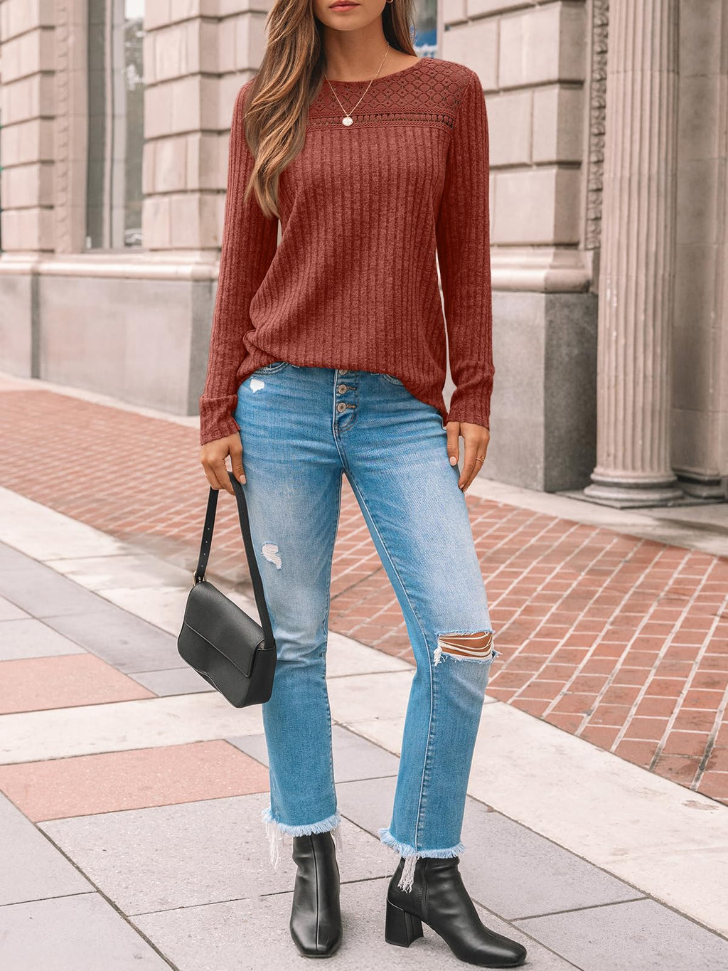 LILLUSORY Womens Lace Long sleeve Sweaters Shirts Dressy Business Casual Trendy Fall Tops Caramel M