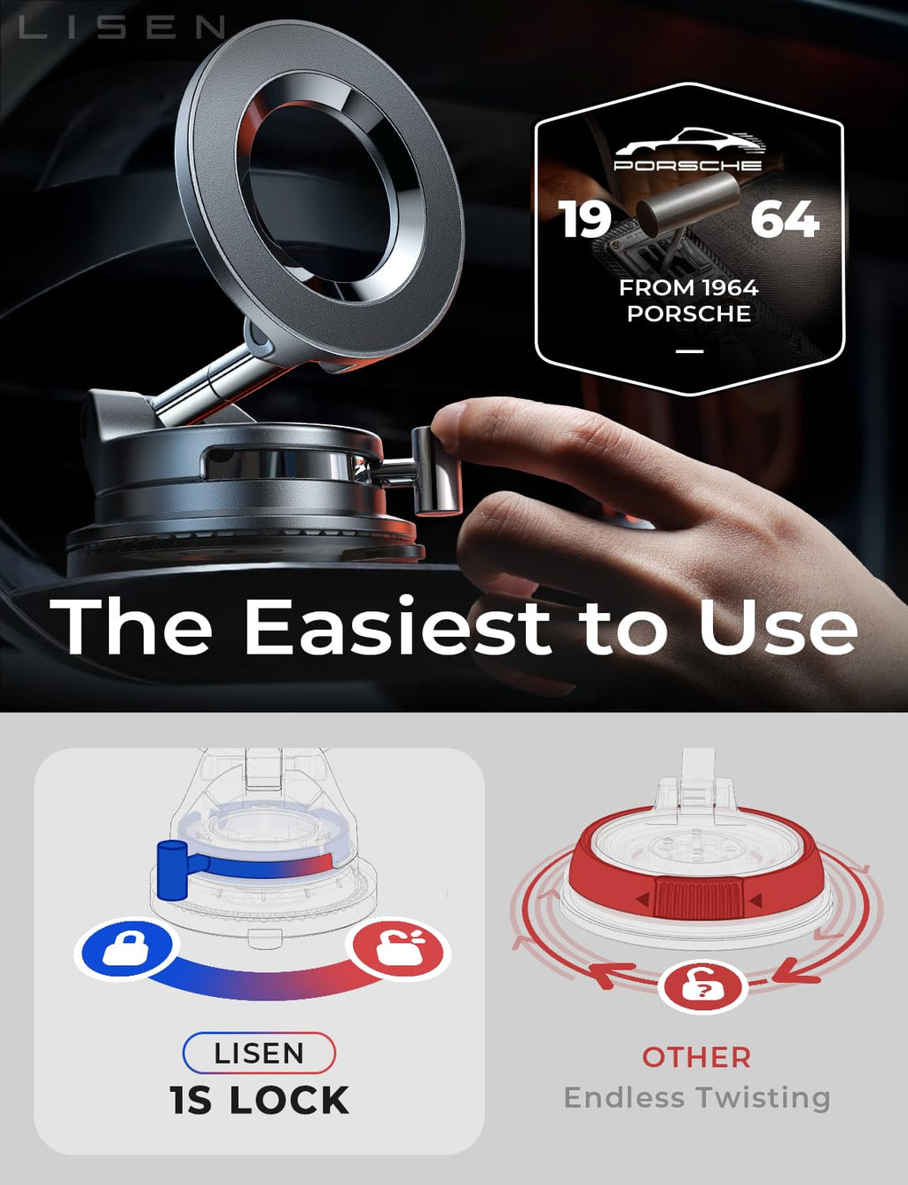LISEN for Magsafe Car Mount, Magnetic Phone Holders for Your Car, Magnet Vacuum Phone Mount for Car Accessories for Women Men Interior Jeep Truck, SuctionPro Gift Kits, for iPhone 17 Pro Max 16 15 14