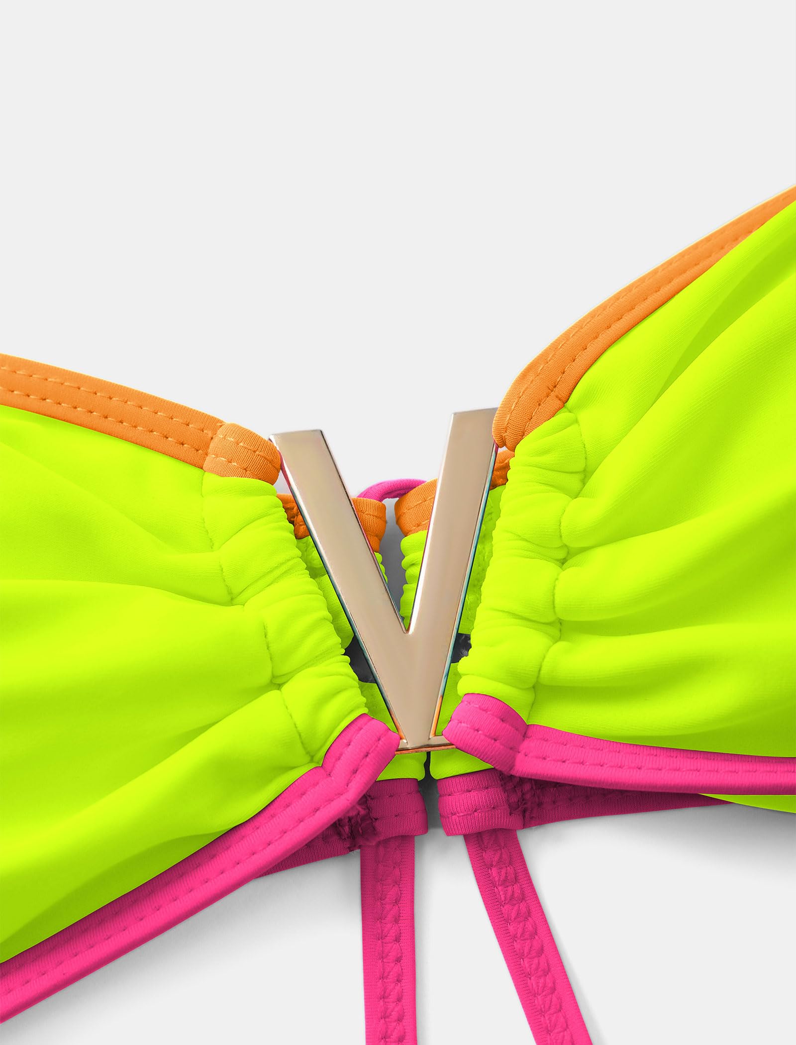 ZAFUL Women's Bandeau Bikini V Strapless Confetti Colorblock Tie Back High Cut Two Piece Swimsuit Bathing Suits (1-Pink+Green, M)