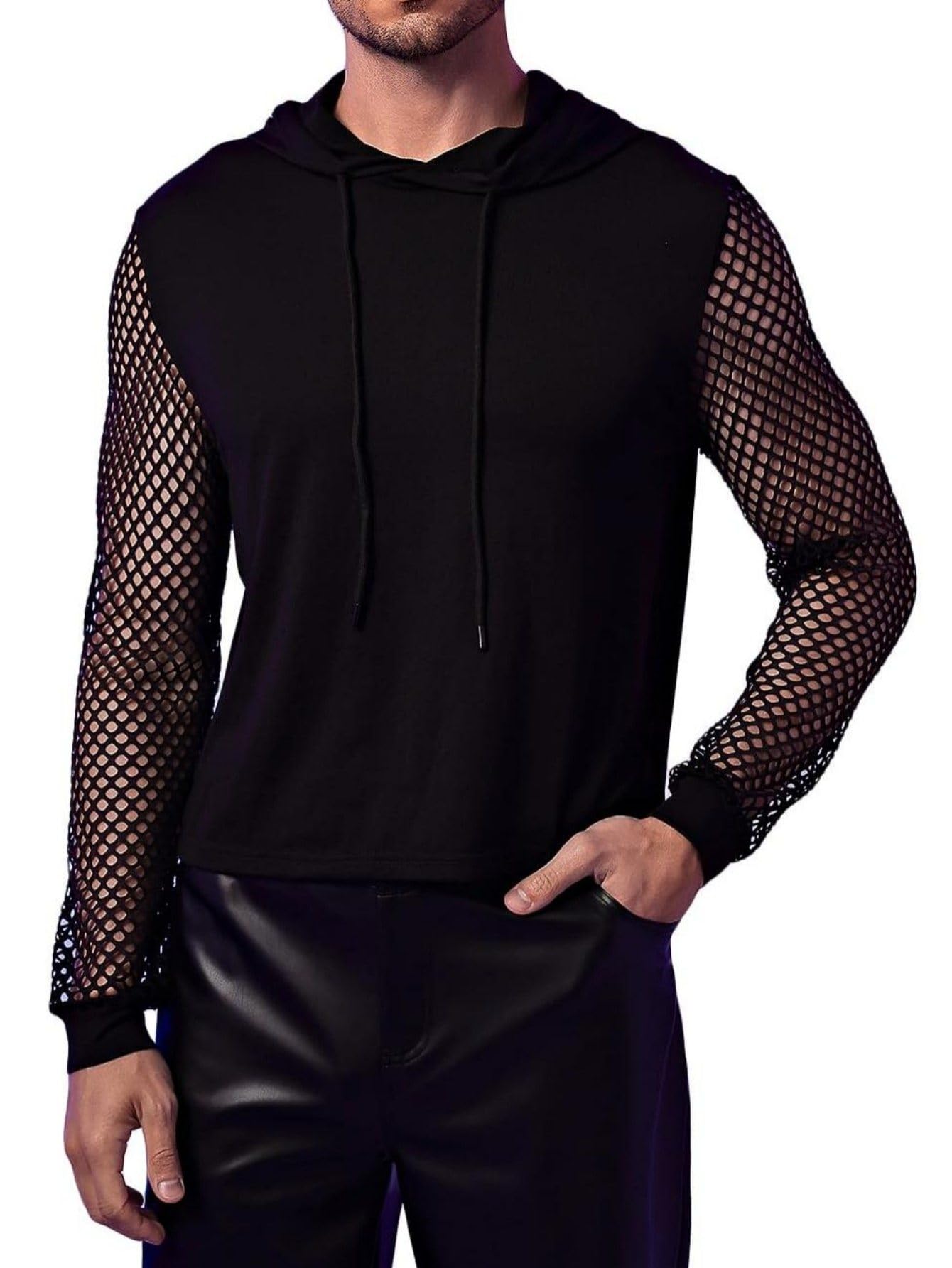 WDIRARA Men's Fishnet Mesh Long Sleeve Drawstring Crop Hoodie Sweatshirt Pullover Black Solid XX-Large