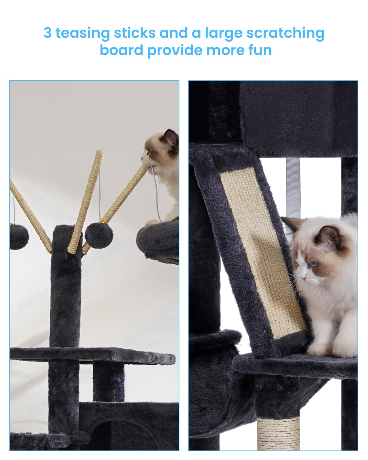 Hey-brother Cat Tree, 53 inch Cat Tower for Indoor Cats, Cat House with Padded Platform Bed, Toy Balls, Large Cozy Condo, Hammocks and Sisal Scratching Posts, Smoky Gray MPJ019-SG