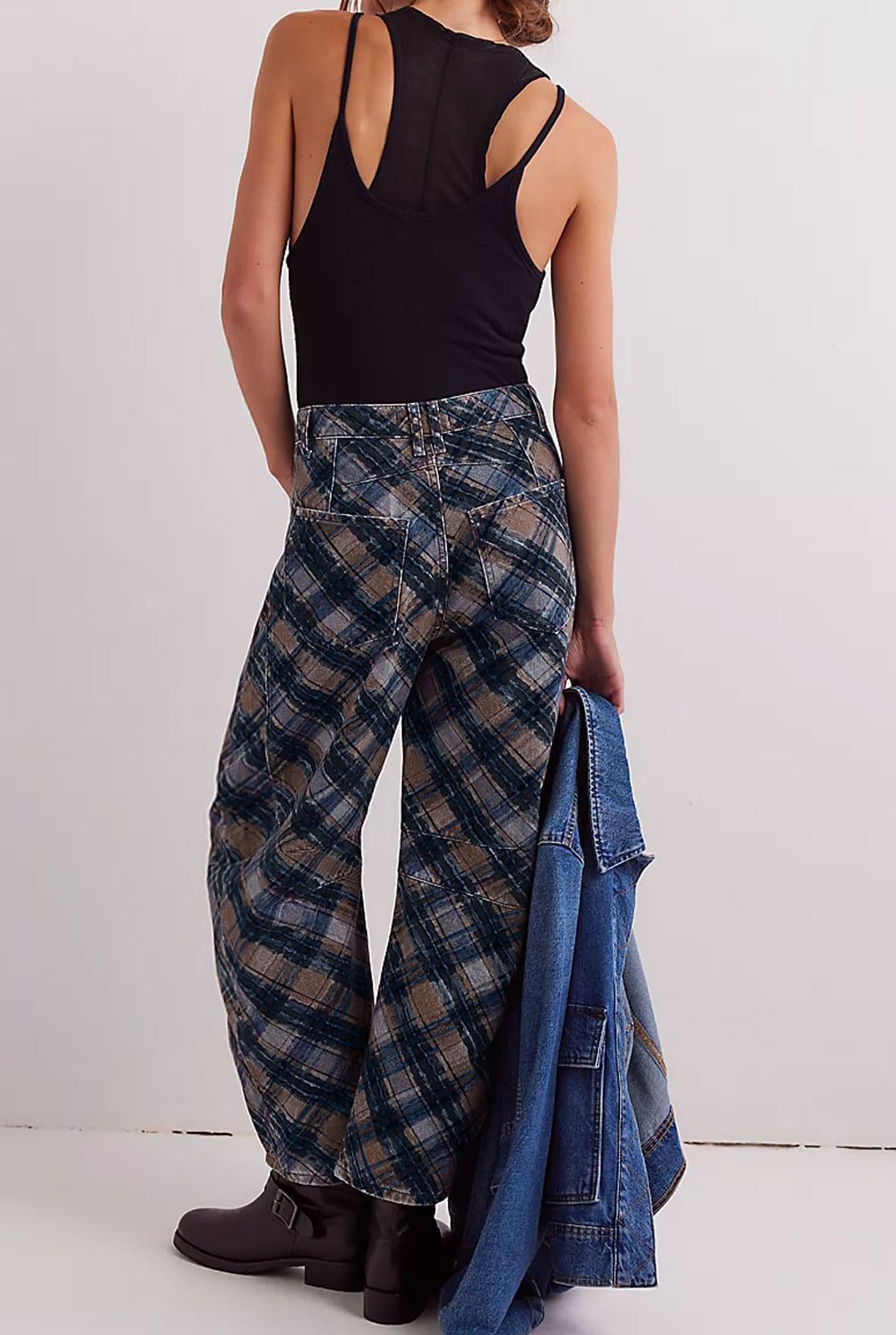 loveimgs Women Boyfriend Baggy Barrel Jeans Floral Print Denim Ankle Pants Wide Leg Mid Rise Jeans Sweatpants Y2k Patchwork (Small,Plaid)