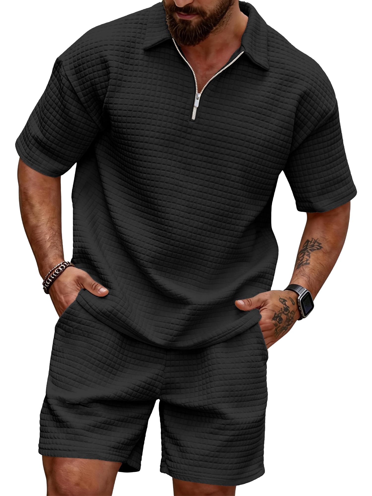 JEMLDL Men's Short Sets 2 Piece Polo Shirt Summer Outfits Casual Fashion Jogging Track Suits Short Sleeve Travel Clothes Black Small