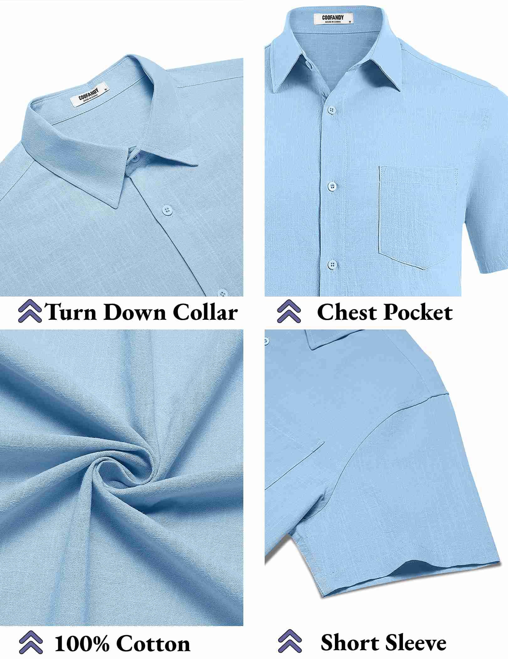 COOFANDY Mens Short Sleeve Button Down Shirt Summer Beach Outfit Yoga Tee Clear Blue