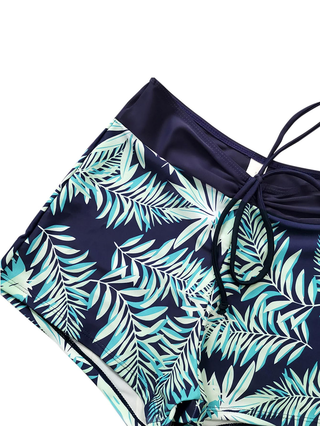 Lilosy Tummy Control Drawstring High Waisted Bikini Set String Swimsuit Spaghetti Strap Cami Top and Tie Side Shorts 2 Piece Women Bathing Suit Leaf Navy Blue X-Large