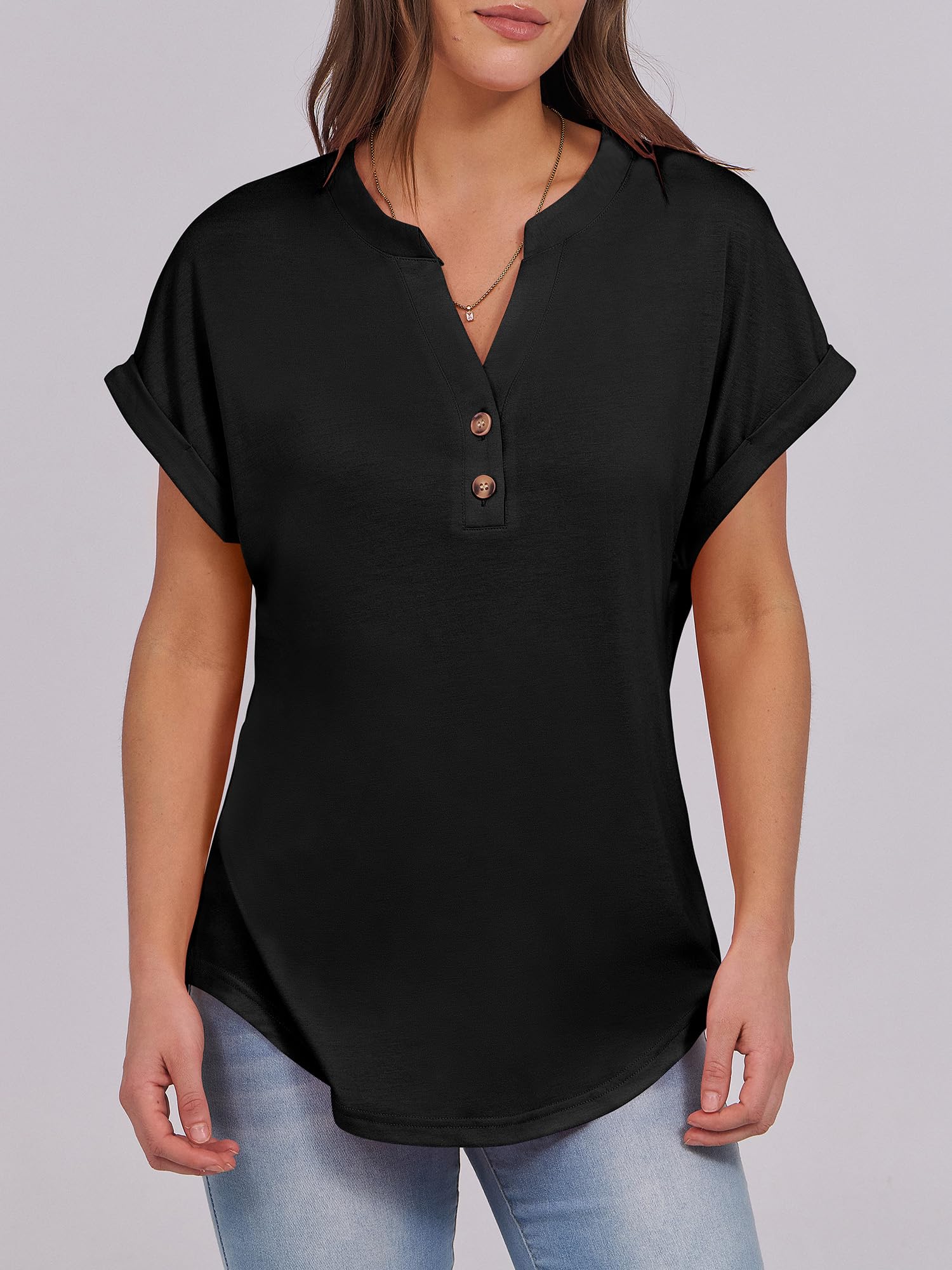 ANRABESS Womens Short Sleeve Henley Tops V Neck Dressy Casual Blouses Summer Trendy Tee Shirts 2026 Vacation Fashion Clothes Black XL
