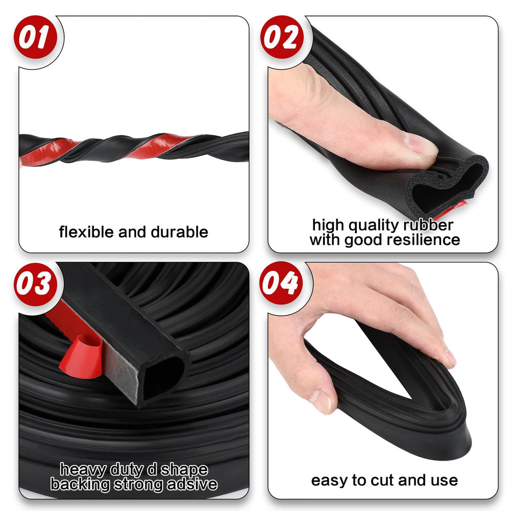 Sacubee Rubber D Shape Door Seal Strip 1" RV Slide Out Seal Self Adhesive EPDM Rubber Heavy Duty Automotive Weather Stripping for Fill Gaps Apply to Car Truck RV Boat Home Application (42 Feet)