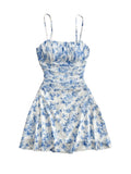 WDIRARA Women's Floral Print Ruched Cami Dress Spaghetti Strap Ruffle Hem Mesh Mini Dress Blue and White X-Small