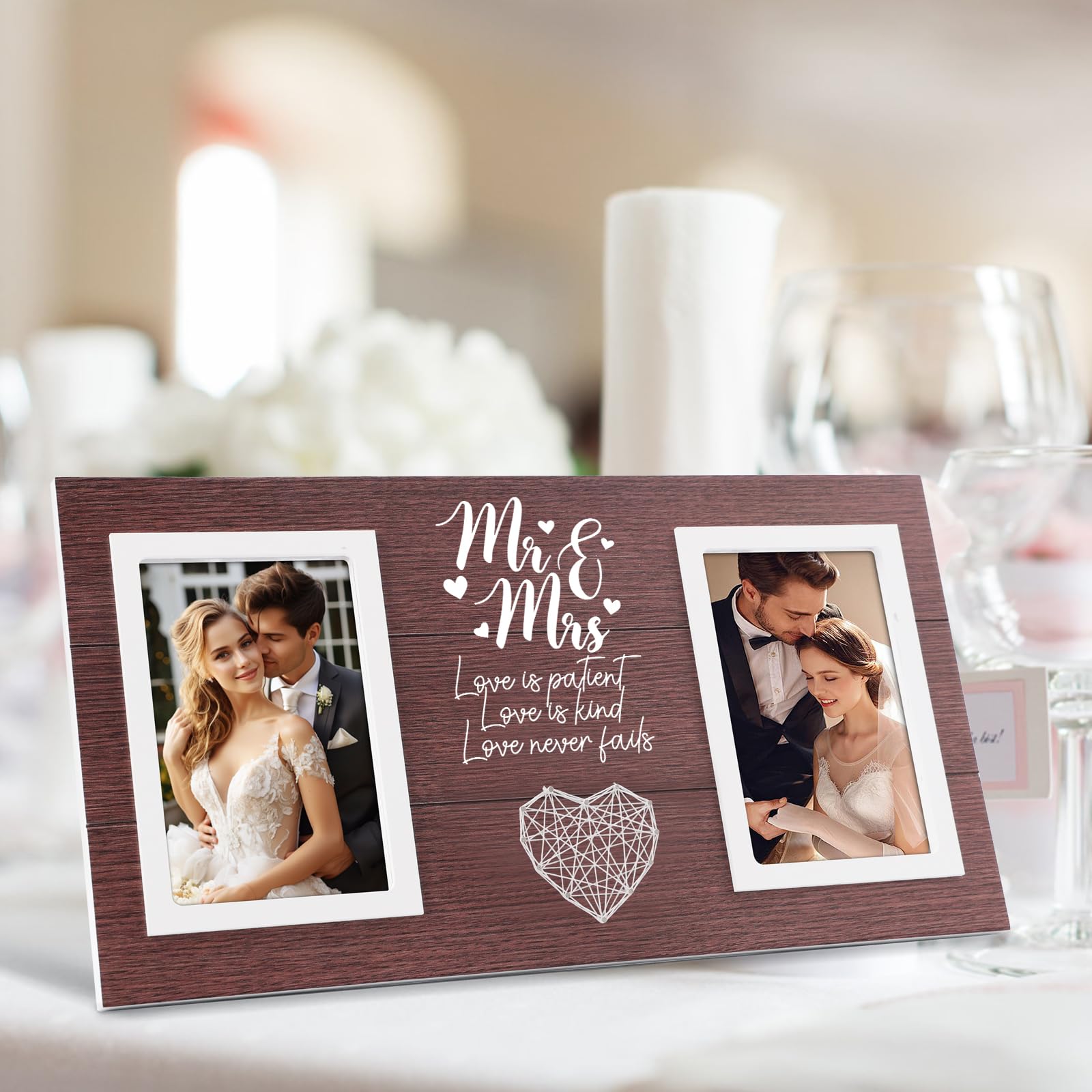 Calibron Personalized Wedding Gifts for Couples, Bridal Shower Gift for Bride, Mr & Mrs Photo Frame Holds 2pcs 4x6 Pictures, Unique Wedding Gifts for Newlyweds(Red Brown)