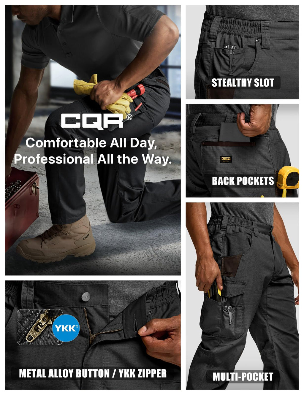CQR Men's Quick Dry Work Pants, Water Resistant Outdoor Tactical Pants, Lightweight Stretch Cargo Hiking Pants, Work Pants Black, 36W x 32L