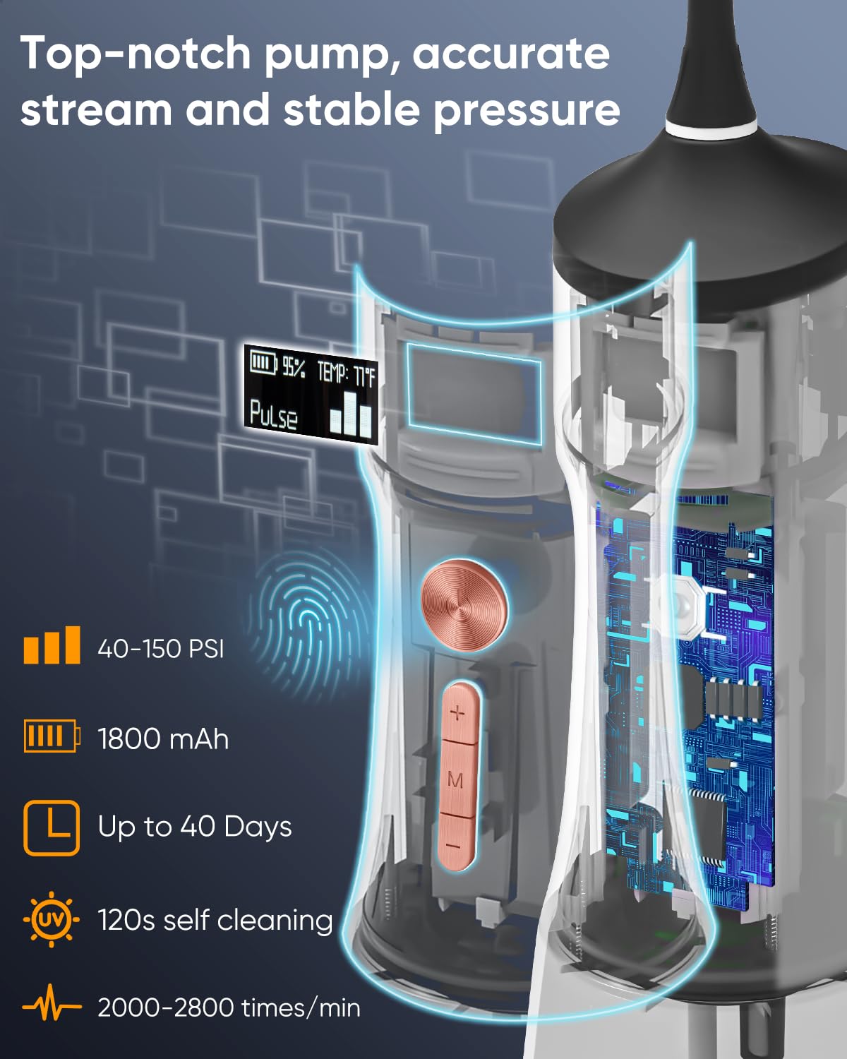 MySmile LP221 Cordless Water Flossers for Teeth with UVC Light Sanitizer and OLED Display, 335ML 4 Modes Water Teeth Cleaner Picks for Teeth Cleaning and Water Flossing (Midnight Black)
