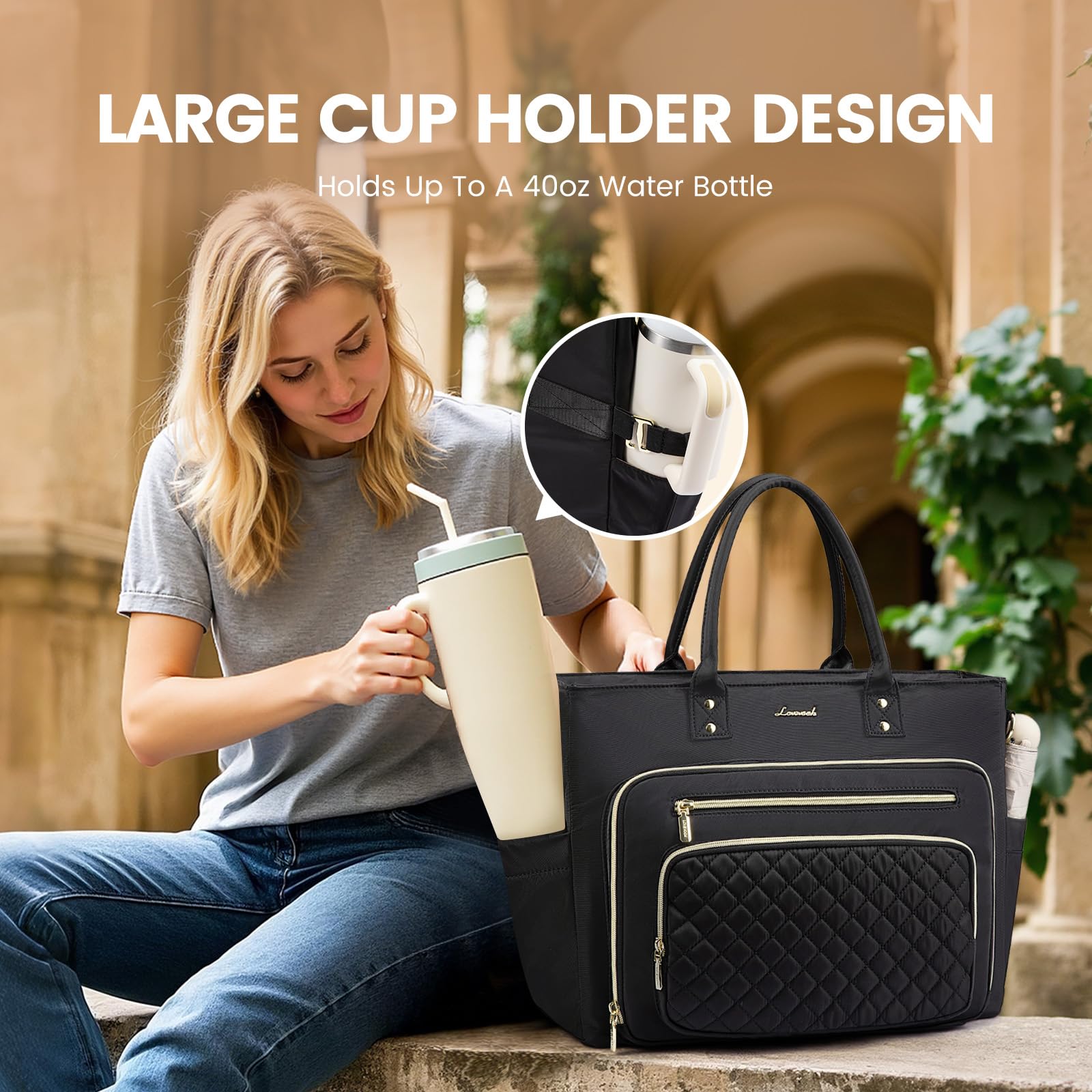 LOVEVOOK Teacher Tote Bag for Women Work, Laptop Bag Work Tote Bag Nurse Bags With Large Cup Holder, Professional Computer Briefcase Business Large Purses Handbag, Diaper Bag Mother Gift, Black