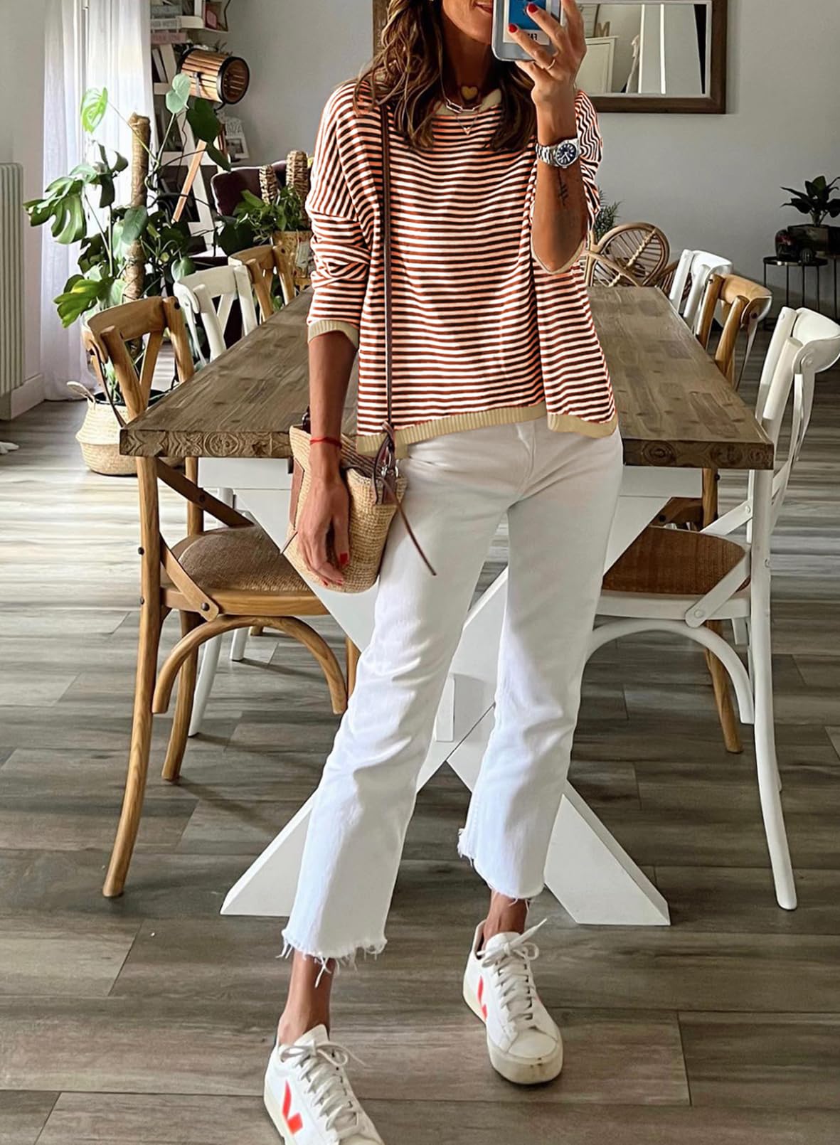 Dokotoo Women Cotton Sweaters Casual Crewneck Knitted Long Sleeve Shirts Autumn Trendy Striped Top Colorblock Pullover Sweater Jumper Fall Outfits Brown Medium