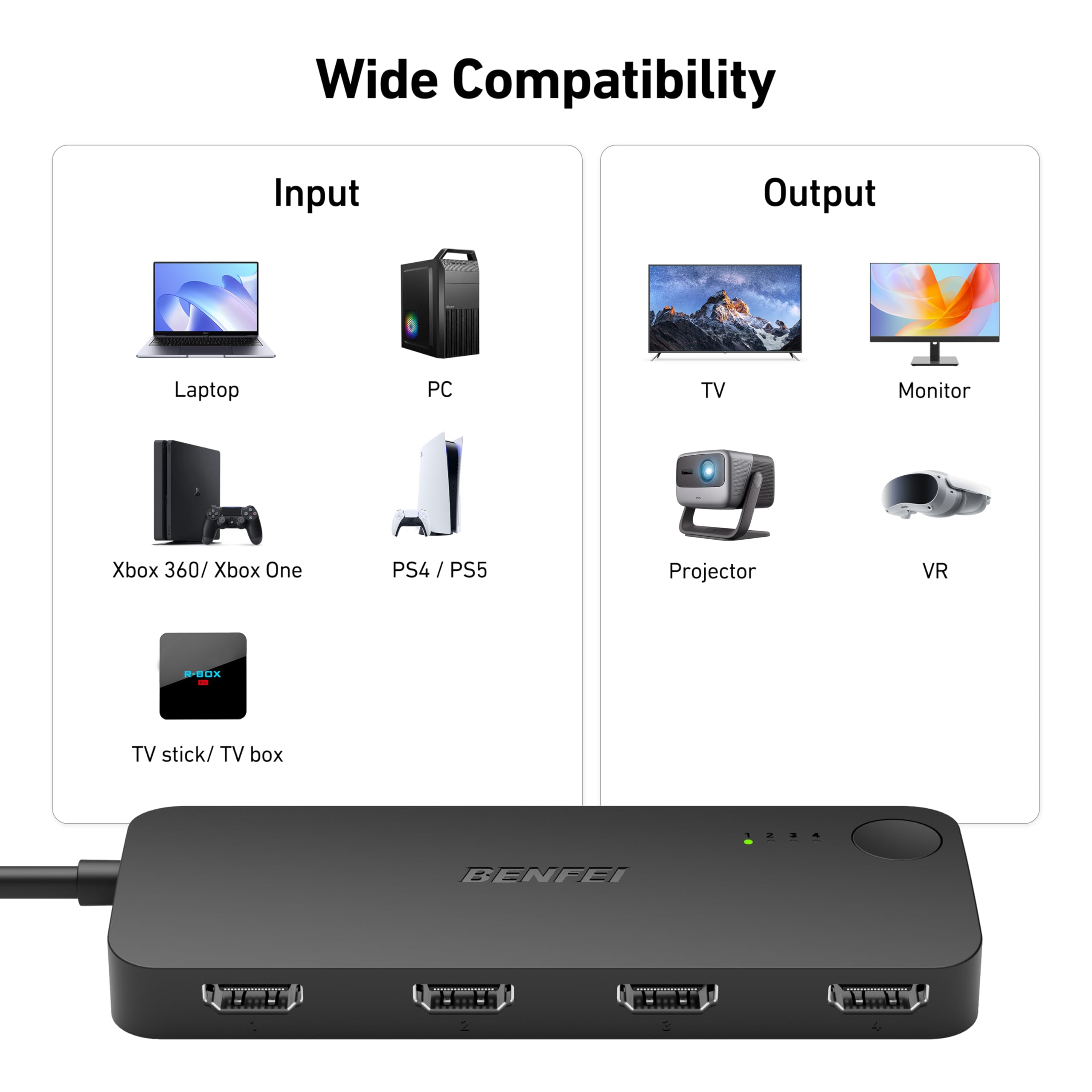 BENFEI HDMI Switch 4 in 1 Out 4K@60Hz, 2K@144Hz, HDCP 2.3 【with Adaptive Equalization Support 10M HDMI Transmit】 Compatible for PS5/4, Xbox, Roku, FireStick, Switch