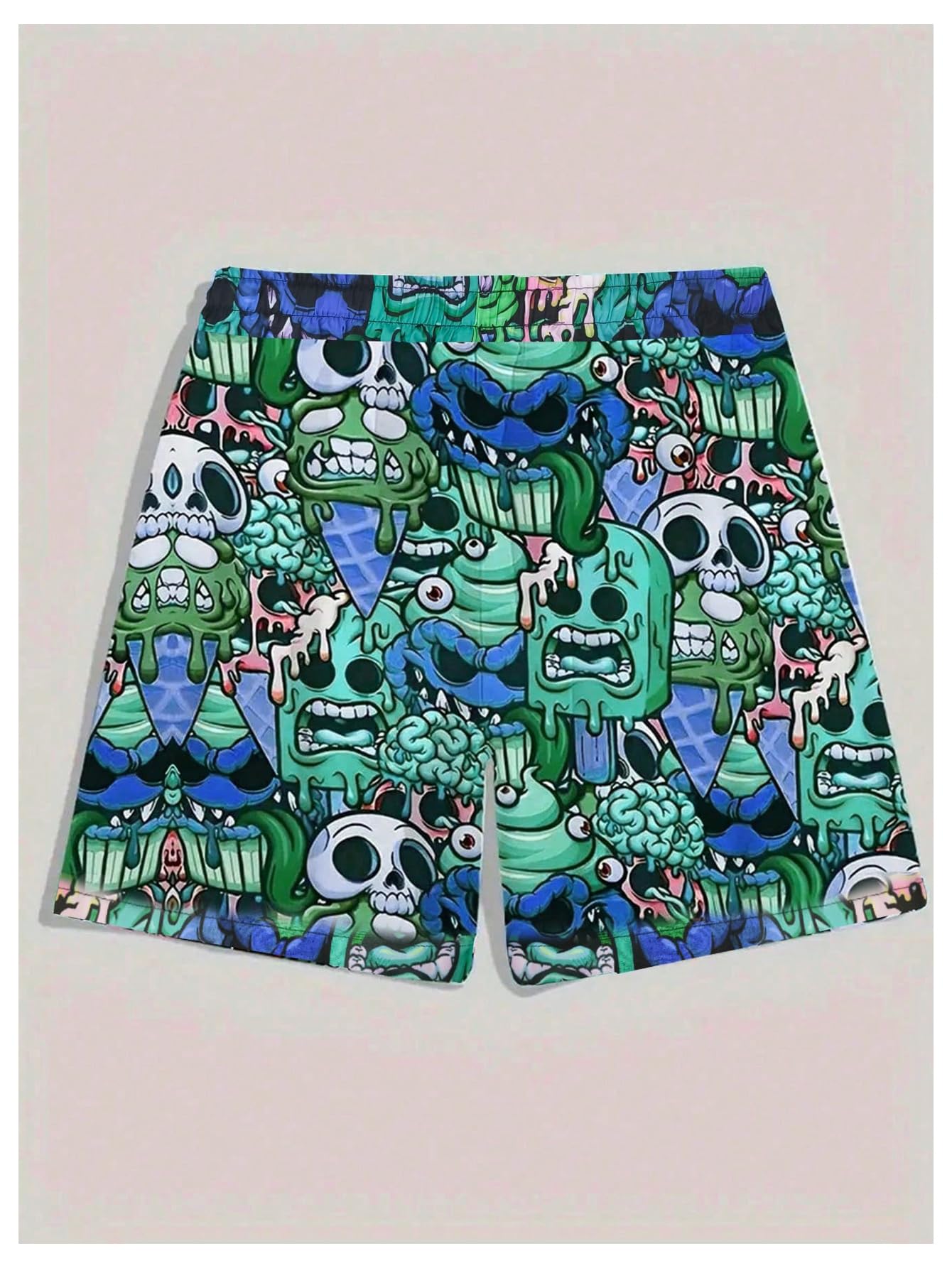 WDIRARA Men's Cartoon Skull Print Swim Trunks Drawstring Elastic Waist Beach Shorts Green Medium