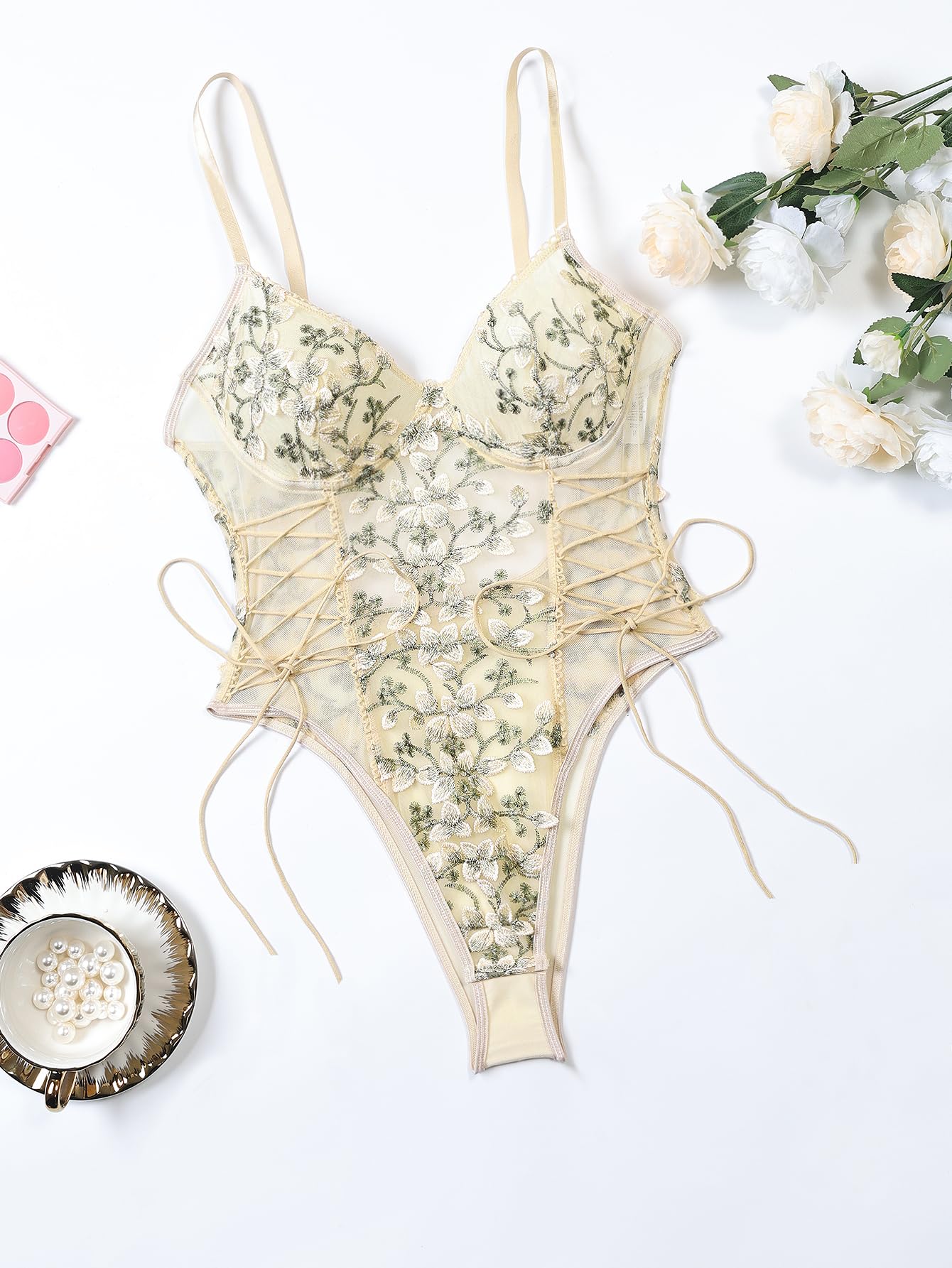 Lilosy Women Sexy Lace Up Floral Embroidered Teddy Babydoll Lingerie Bodysuit Top Mesh Sheer One Piece See Through Beige Medium