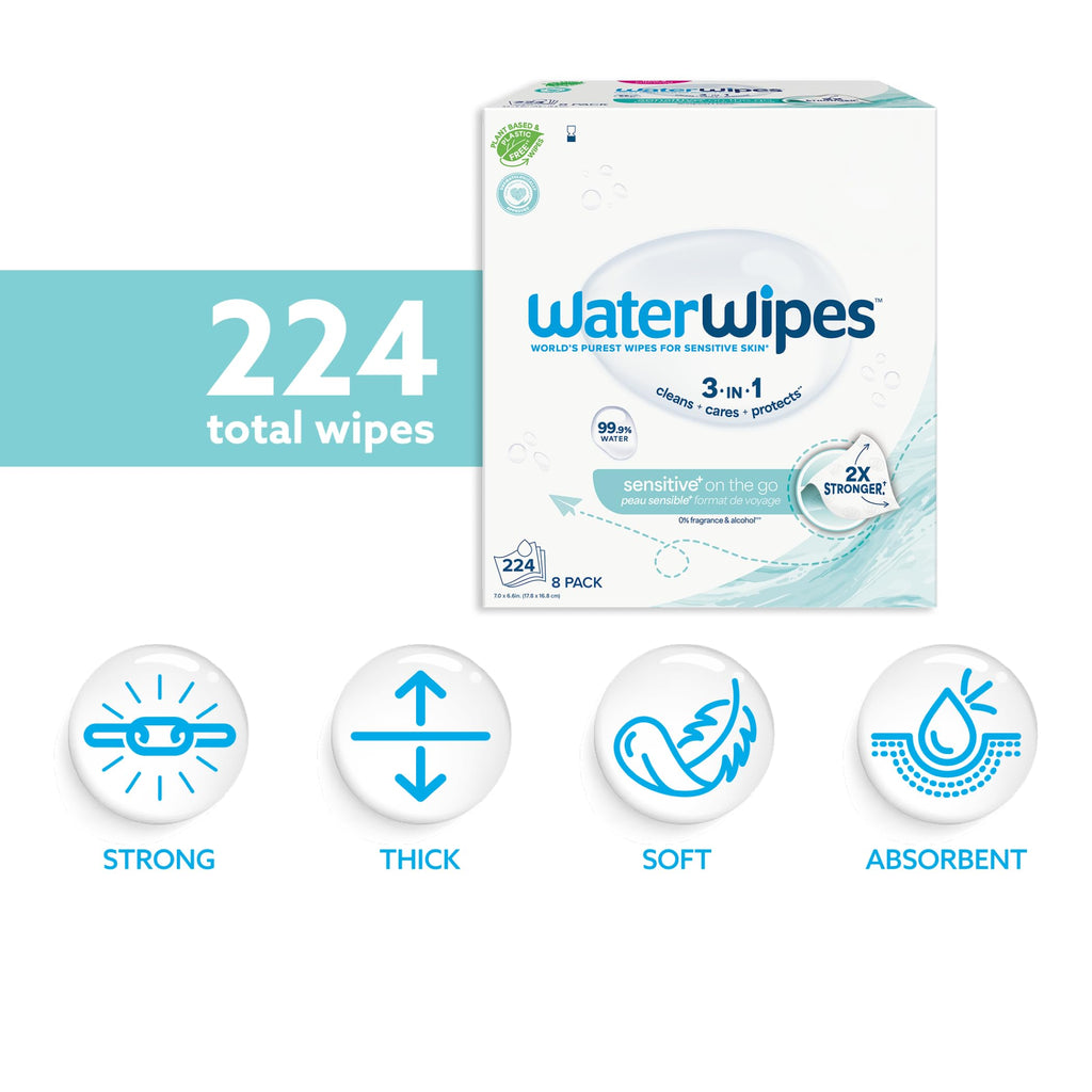 WaterWipes Sensitive+ On The Go Wipes, 224 Count (8 Packs), 3-In-1 Cleans, Cares, Protects, 99.9% Water, Unscented Wet Wipes