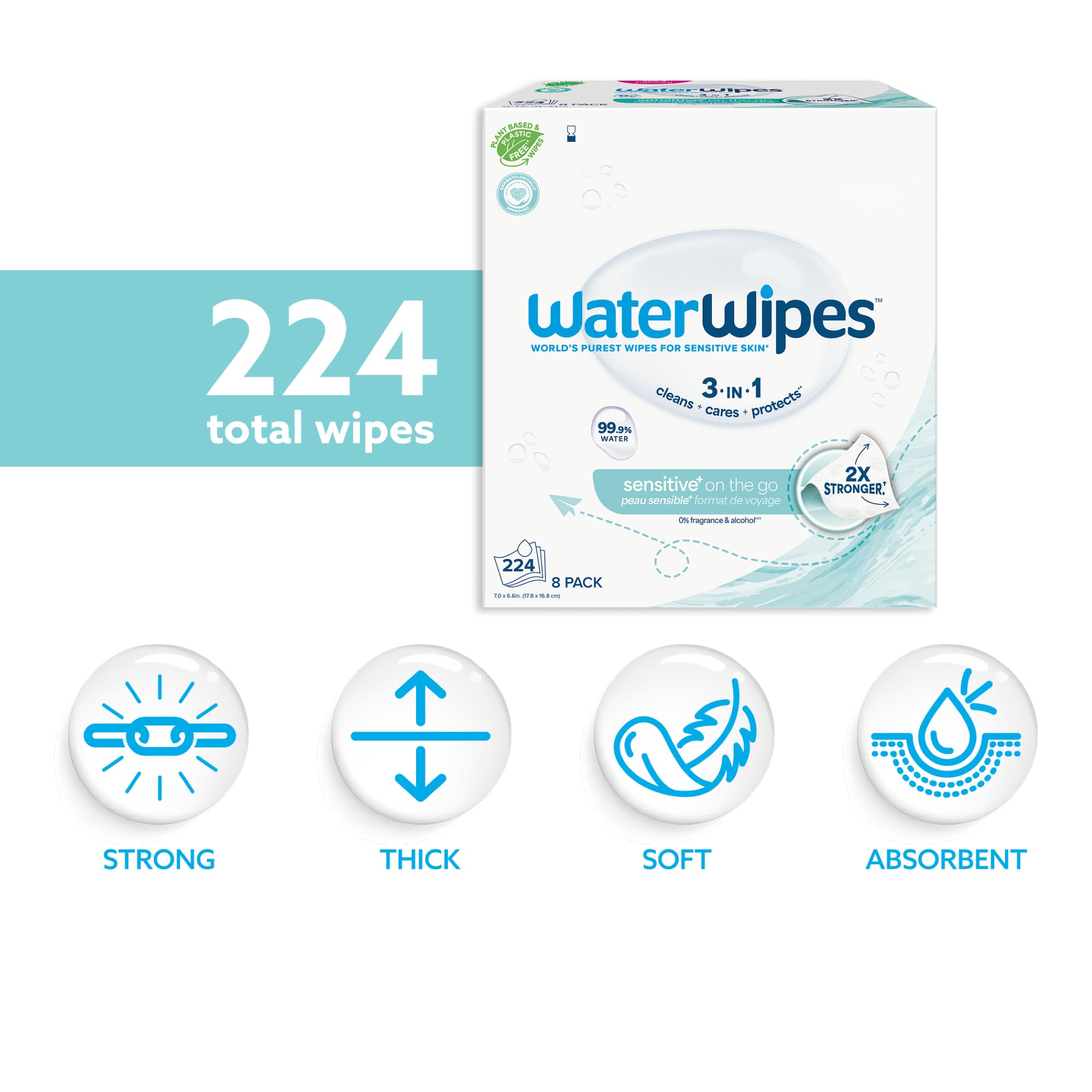 WaterWipes Sensitive+ On The Go Wipes, 224 Count (8 Packs), 3-In-1 Cleans, Cares, Protects, 99.9% Water, Unscented Wet Wipes