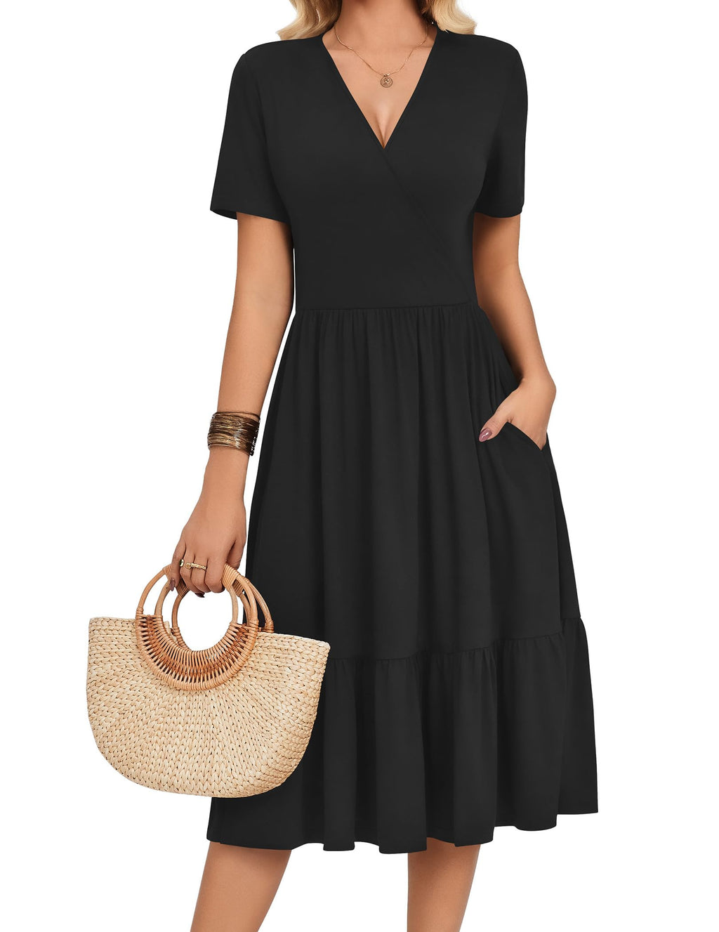 Zeagoo Women's V Neck Wrap Summer Casual Midi Tiered A Line Flowy Wedding Guest Dress with Pockets Short Sleeve Black Dresses