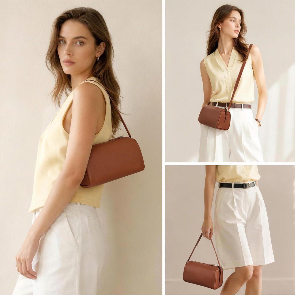 befen Brown Leather Crossbody Bag for Women, Small Genuine Leather Hobo Purse, Soft Top Grain Leather Barrel Bag with RFID Card Slots