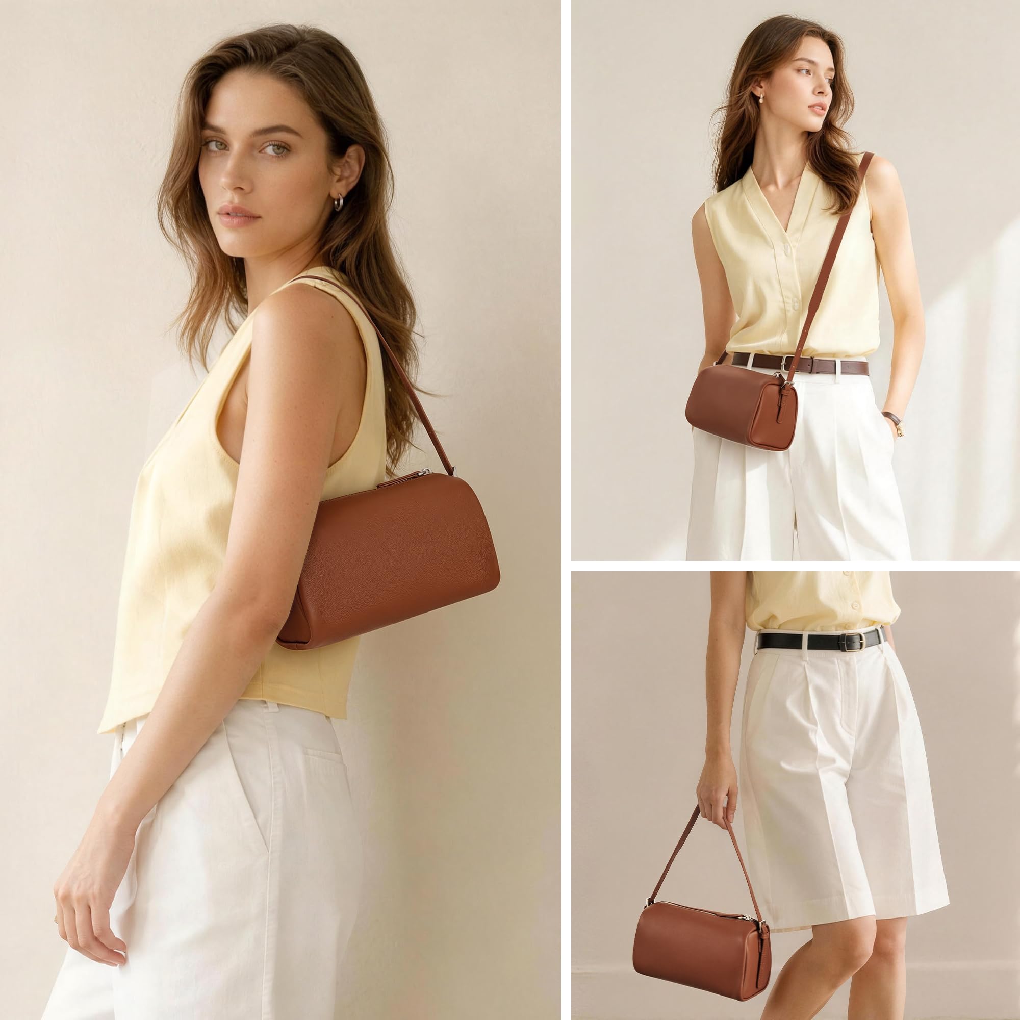 befen Brown Leather Crossbody Bag for Women, Small Genuine Leather Hobo Purse, Soft Top Grain Leather Barrel Bag with RFID Card Slots