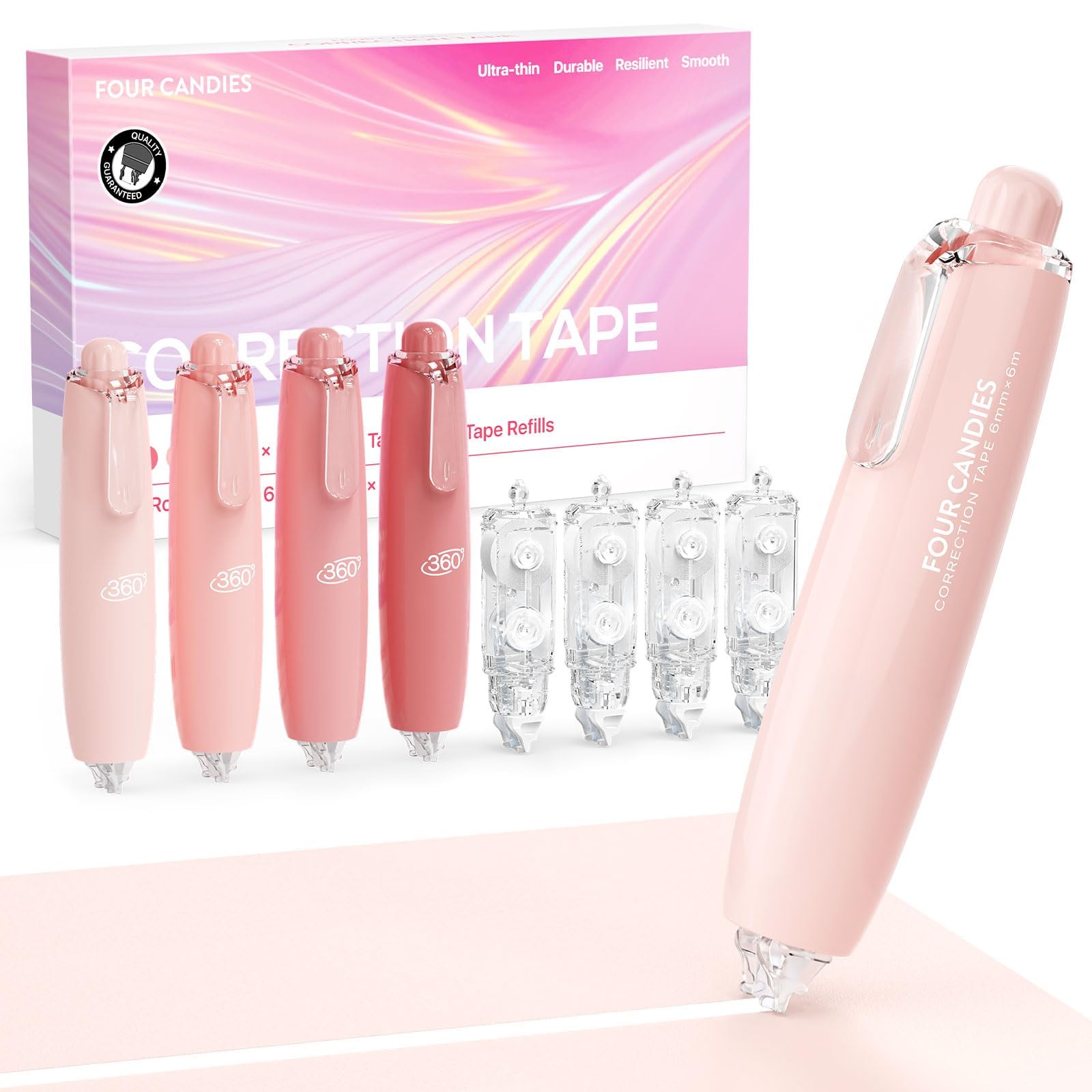 Four Candies Refillable Retractable White Correction Tape, 4PCS Smooth White Pull-Out Tape with 4 Extra Refills, Easy to Use Applicator for Instant Corrections for Office, School Supplies (Pink)