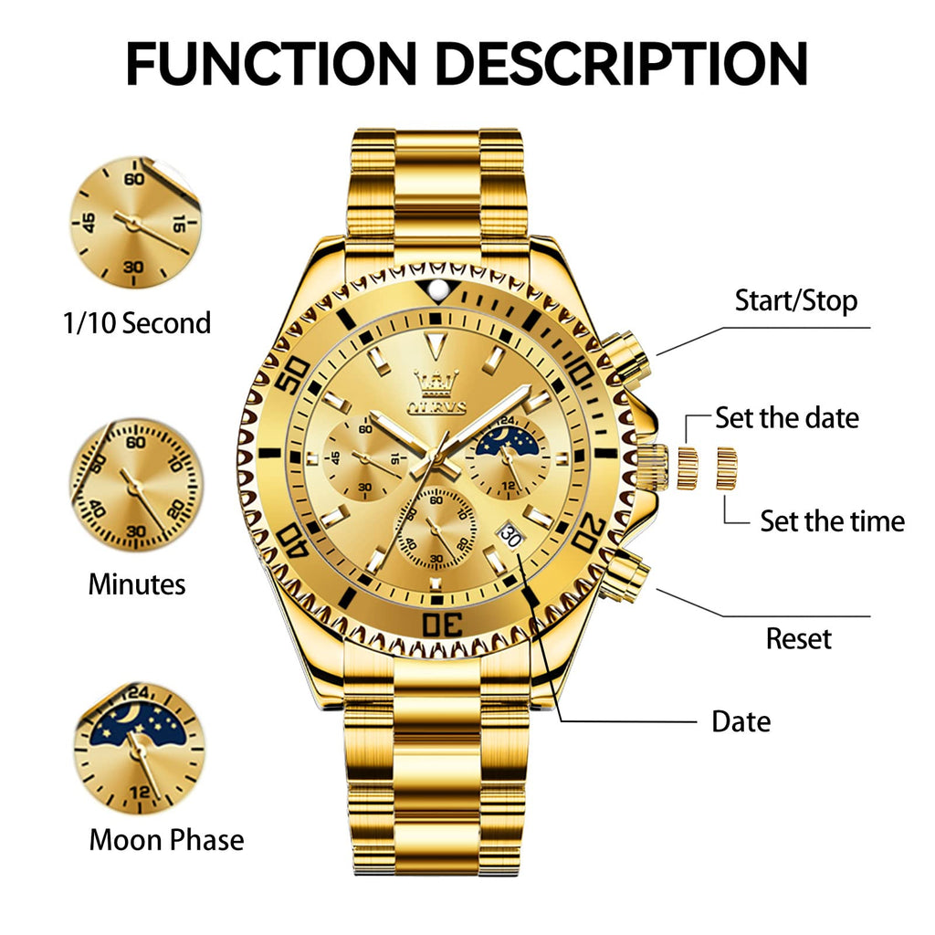 OLEVS Watch Men Gold Watches for Men Big Face Luxury Dress Chronograph Waterproof Stainless Steel Men's Wrist Watches Gold and Silver Analog Quartz Date Men's Watch Relojes para Hombres