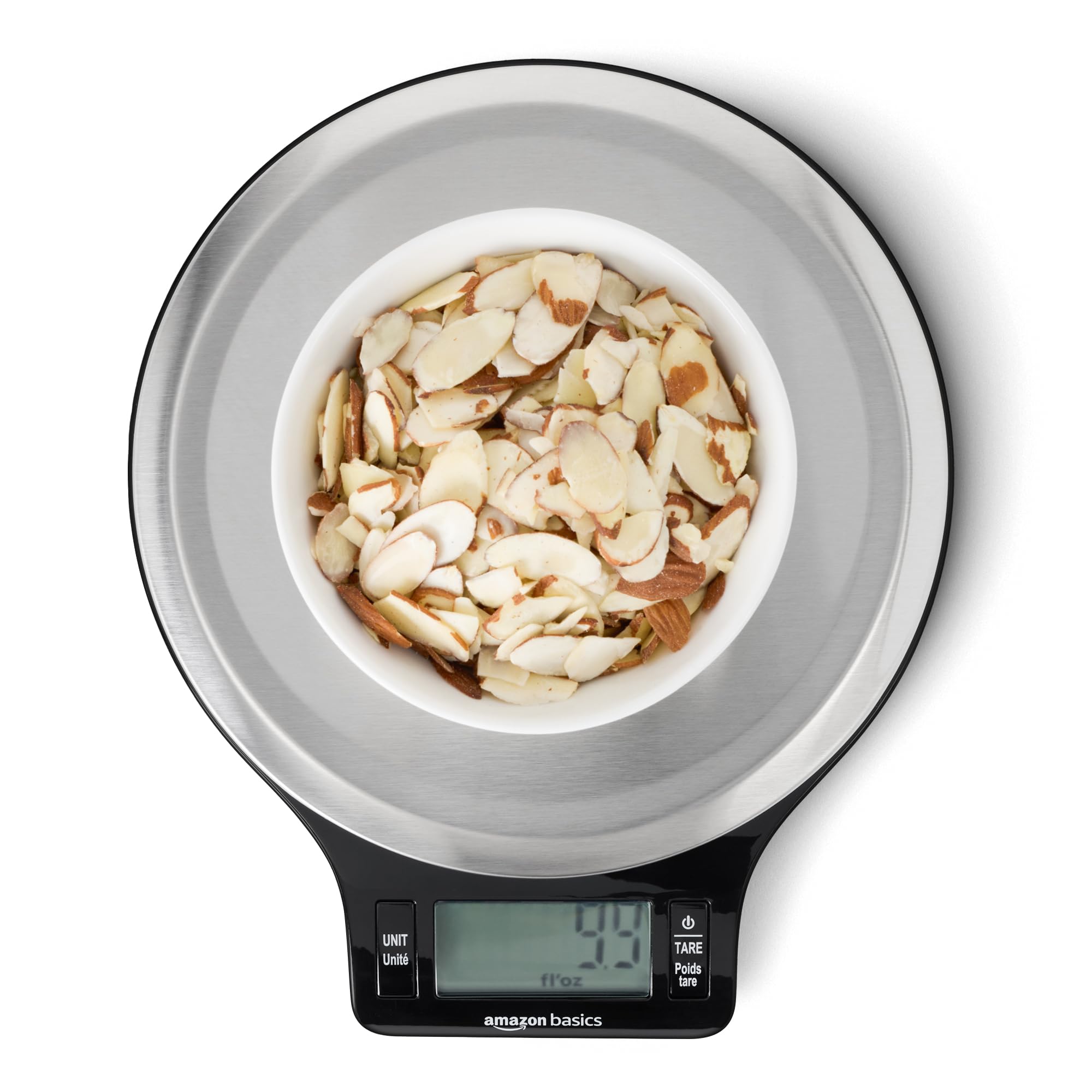 Amazon Basics Digital Kitchen Scale with LCD Display, Tare Function, Multiple Units, Weighs up to 11 Pounds, Batteries Included, Black and Stainless Steel